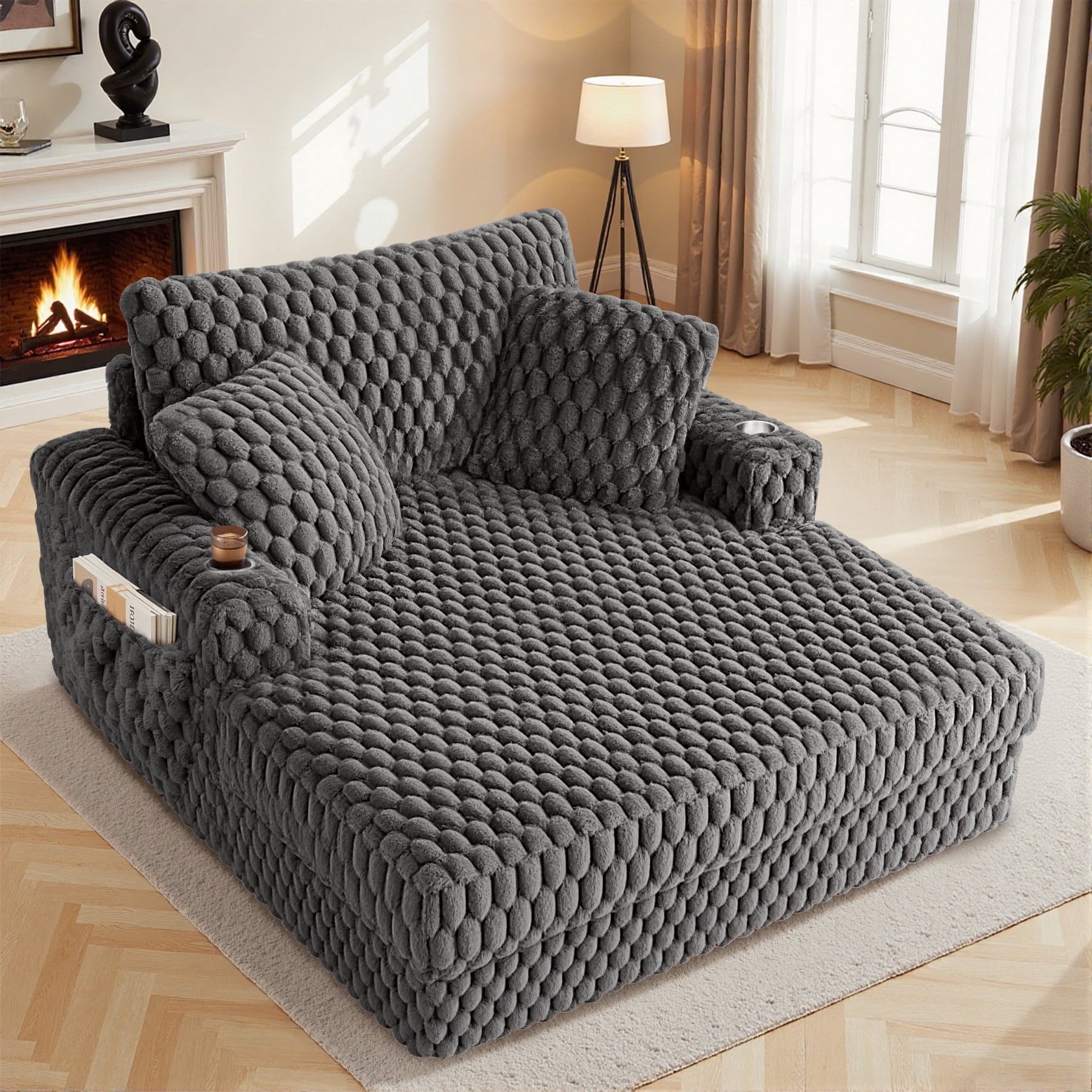 ATHOPE 67.3 Chaise Lounge Chair Indoor, Corduroy Couch Chair with Pillows, Comfy Reading Chairs with Wide Arms, Upholstered Sleeper Sofa for Living Room, No Assembly Required, Gray