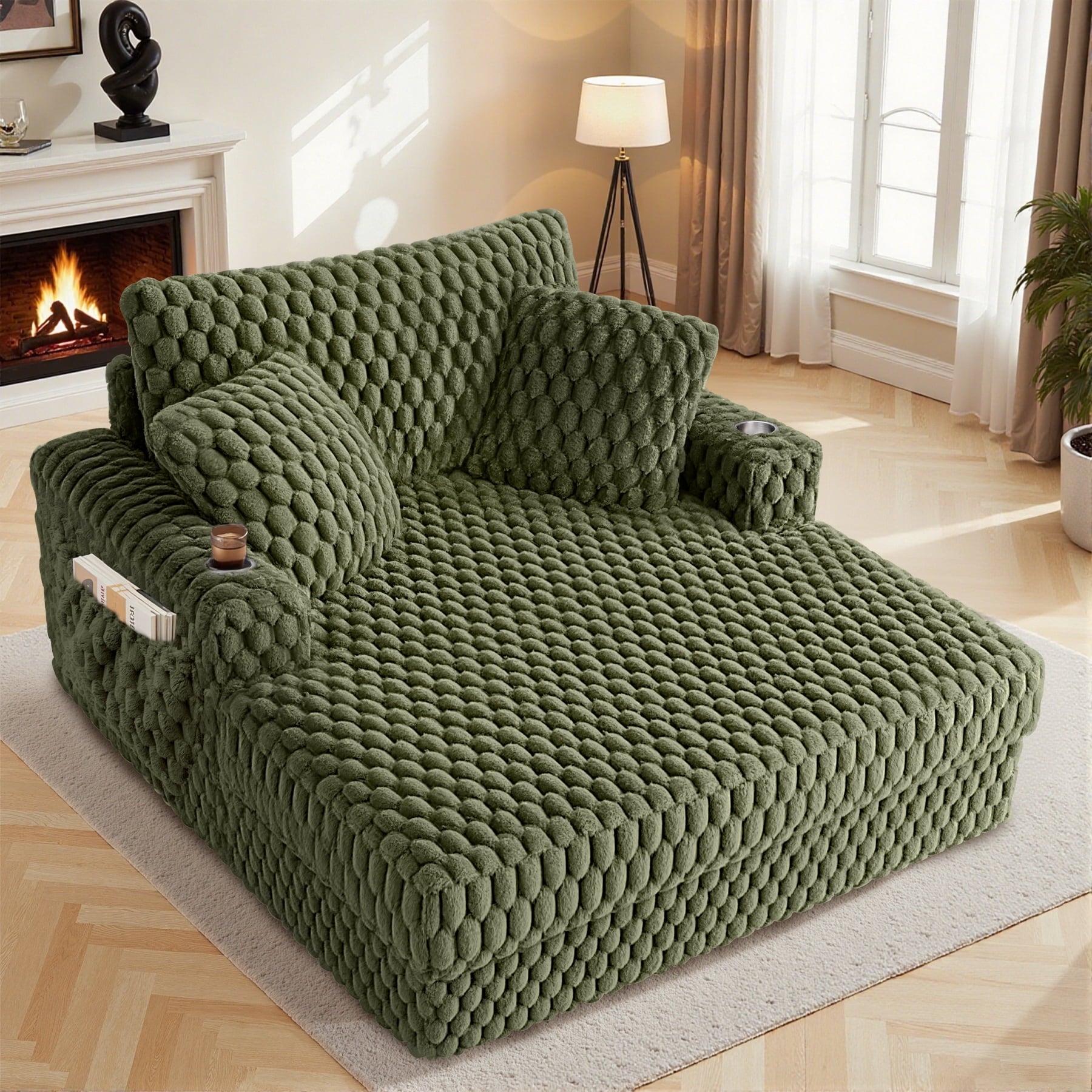 ATHOPE 67.3 Chaise Lounge Chair Indoor, Corduroy Couch Chair with Pillows, Comfy Reading Chairs with Wide Arms, Upholstered Sleeper Sofa for Living Room, No Assembly Required, Gray