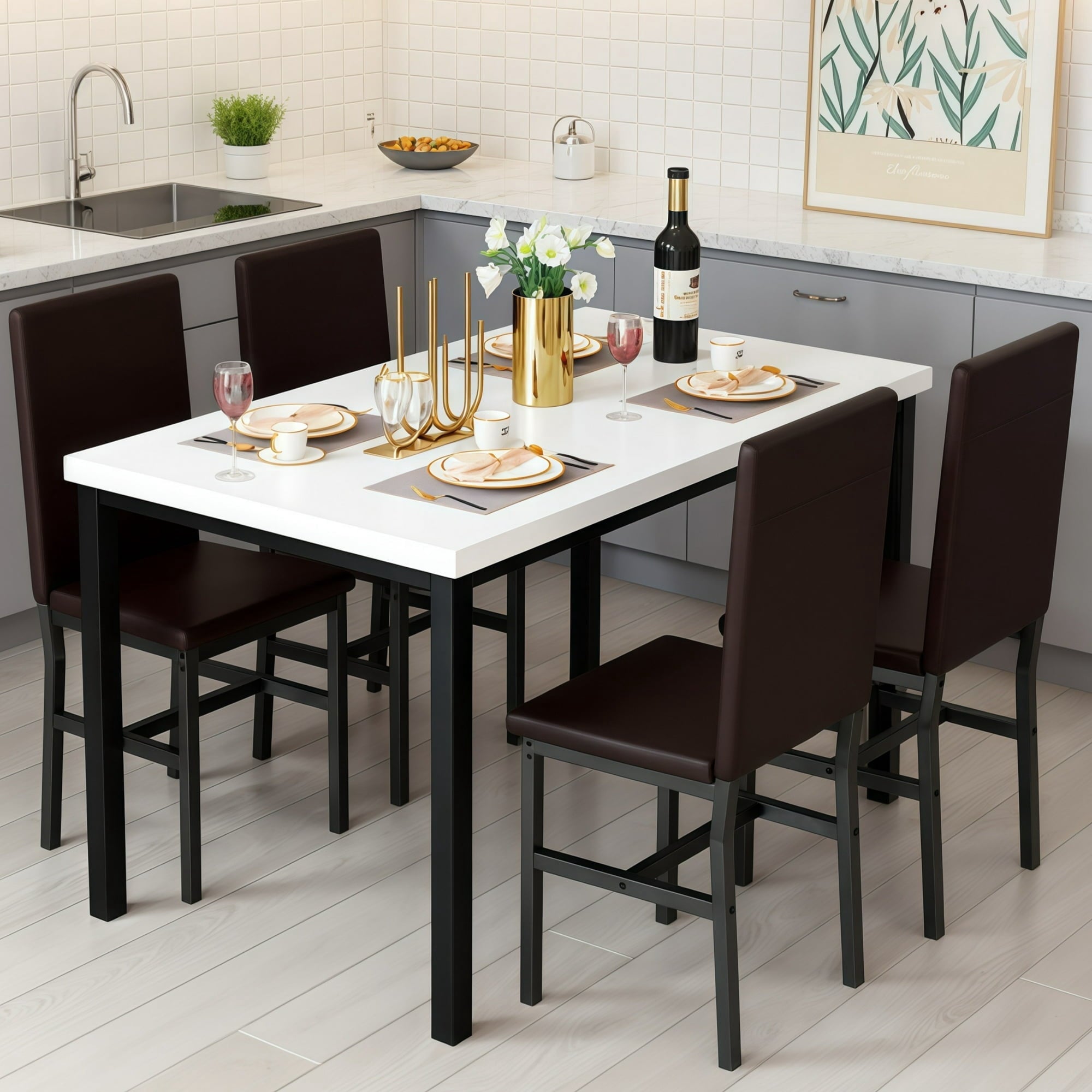 AWQM 5 Piece Dining Table Set, Faux Marble Kitchen Table and Chairs for 4, Dining Room Table Set with 4 PU Leather Chairs, White