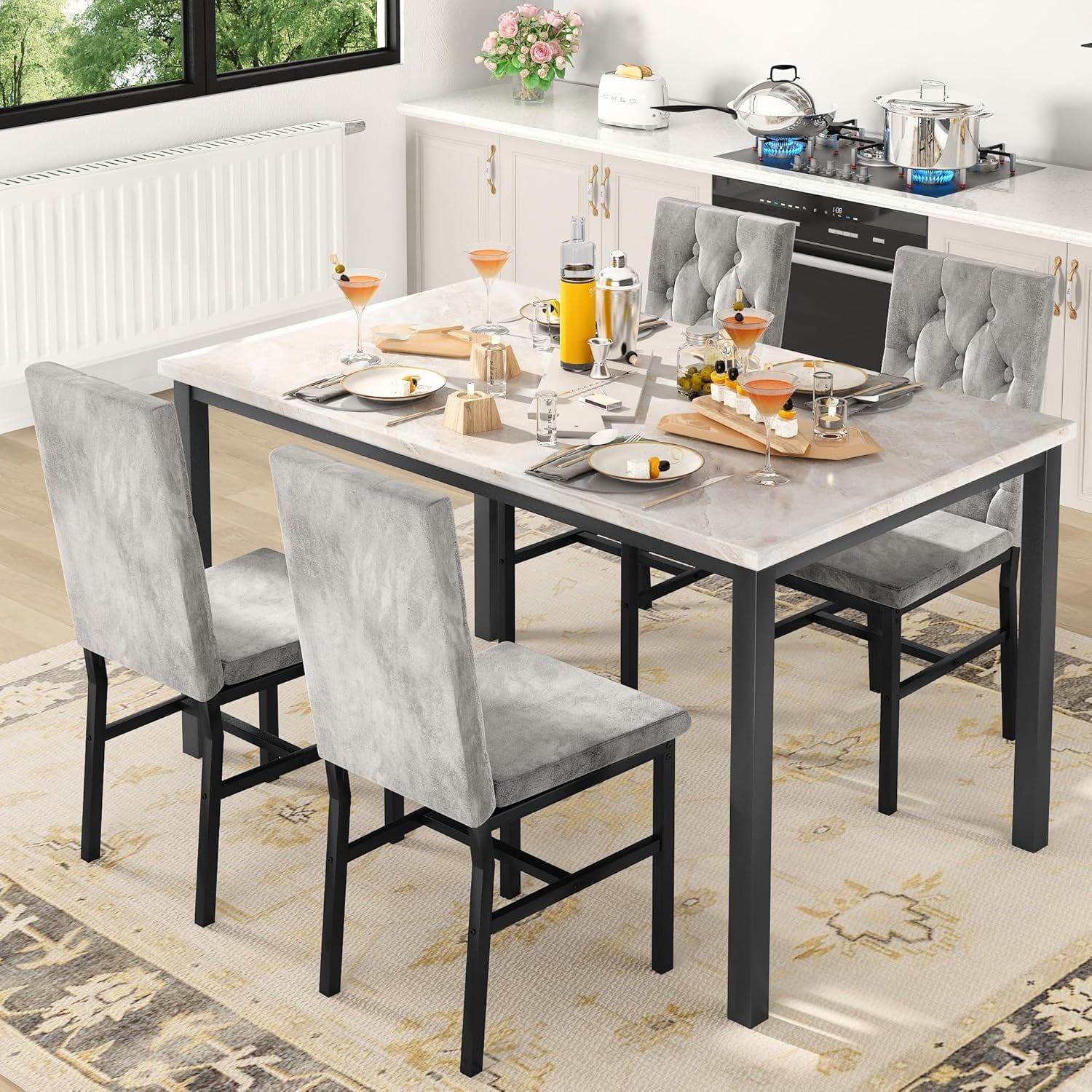 AWQM 5 Piece Dining Table Set, Faux Marble Kitchen Table and Chairs for 4, Dining Room Table Set with 4 PU Leather Chairs, White
