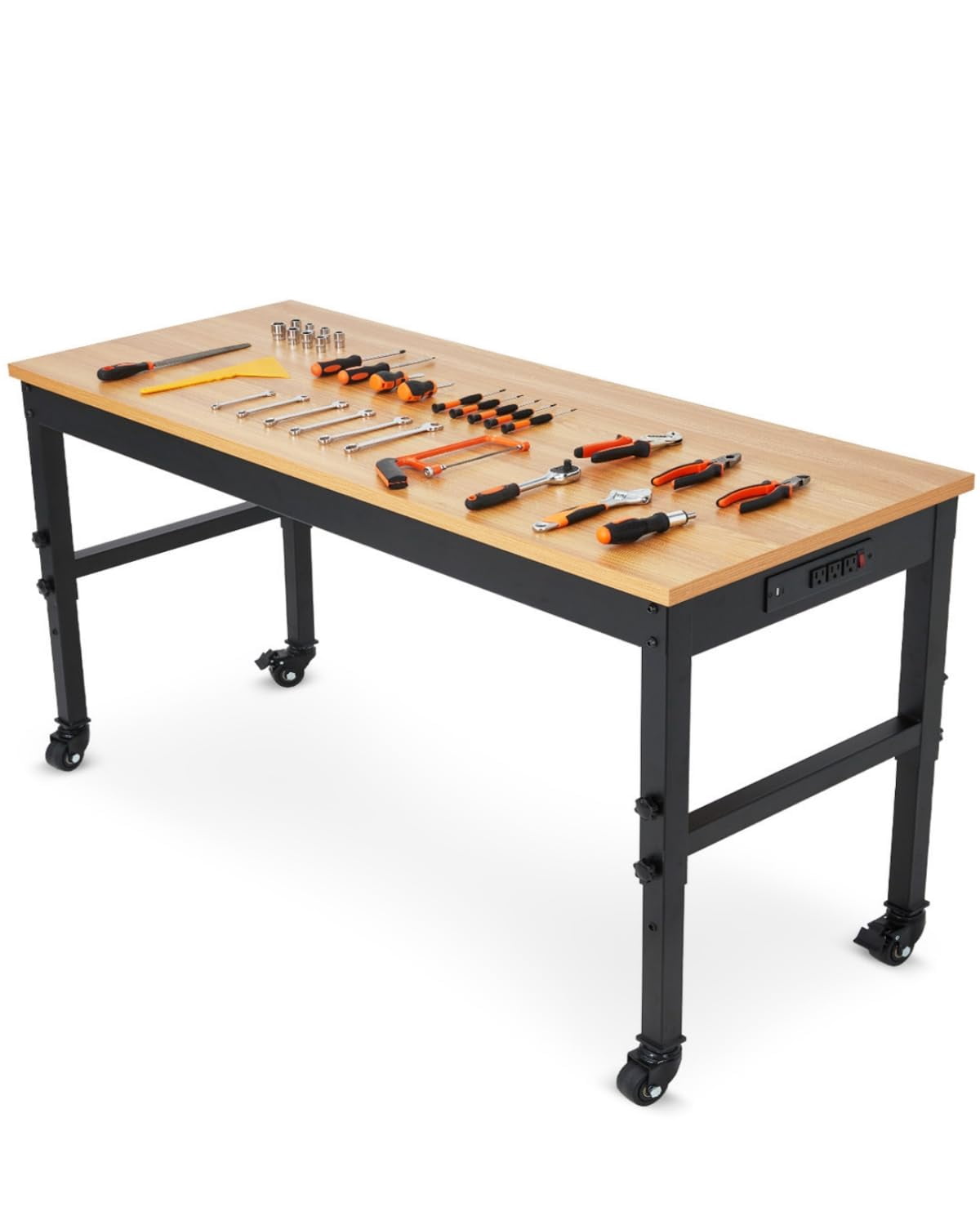 Adjustable Heavy-Duty Workbench with Power Outlets – 48 / 60 / 72 Inch Wood Top Work Table, 2500 lb Capacity, Steel Frame for Garage, Workshop, or Home Office