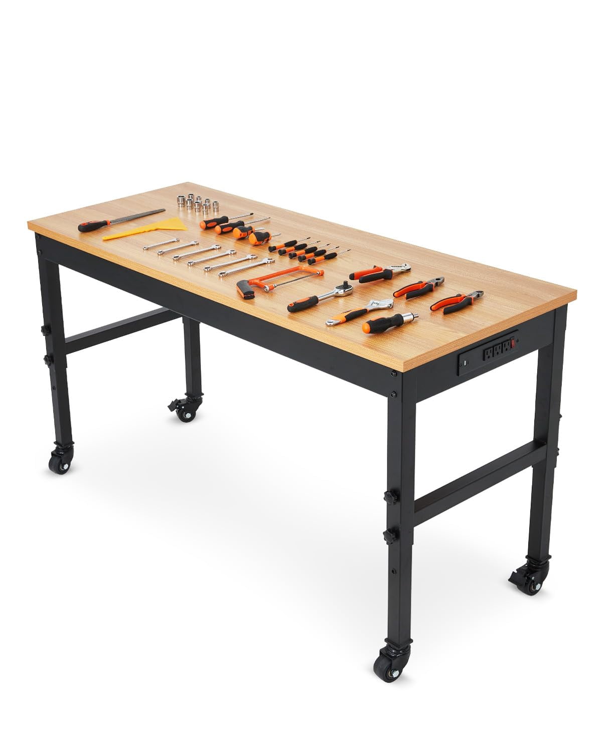 Adjustable Heavy-Duty Workbench with Power Outlets – 48 / 60 / 72 Inch Wood Top Work Table, 2500 lb Capacity, Steel Frame for Garage, Workshop, or Home Office