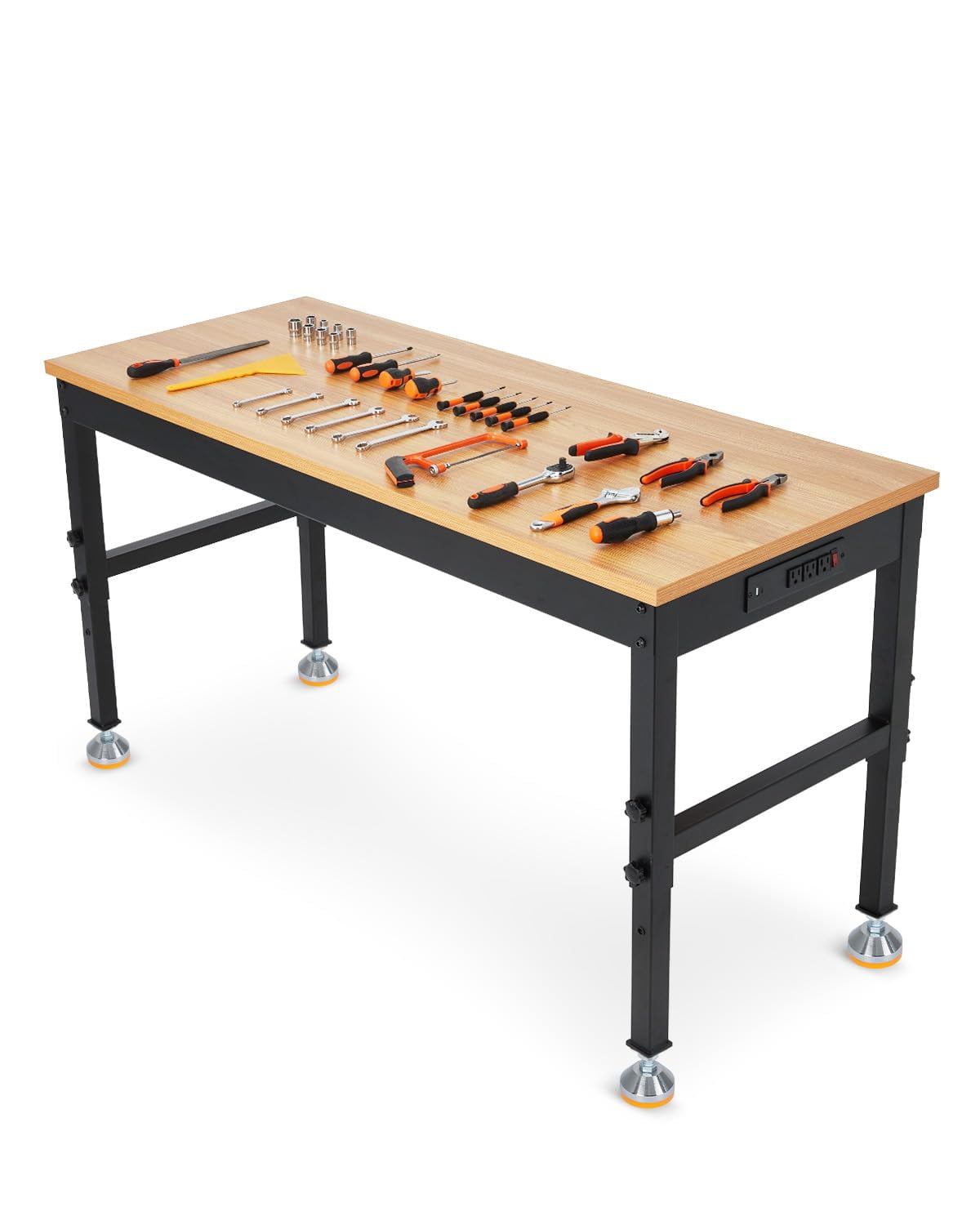 Adjustable Heavy-Duty Workbench with Power Outlets – 48 / 60 / 72 Inch Wood Top Work Table, 2500 lb Capacity, Steel Frame for Garage, Workshop, or Home Office
