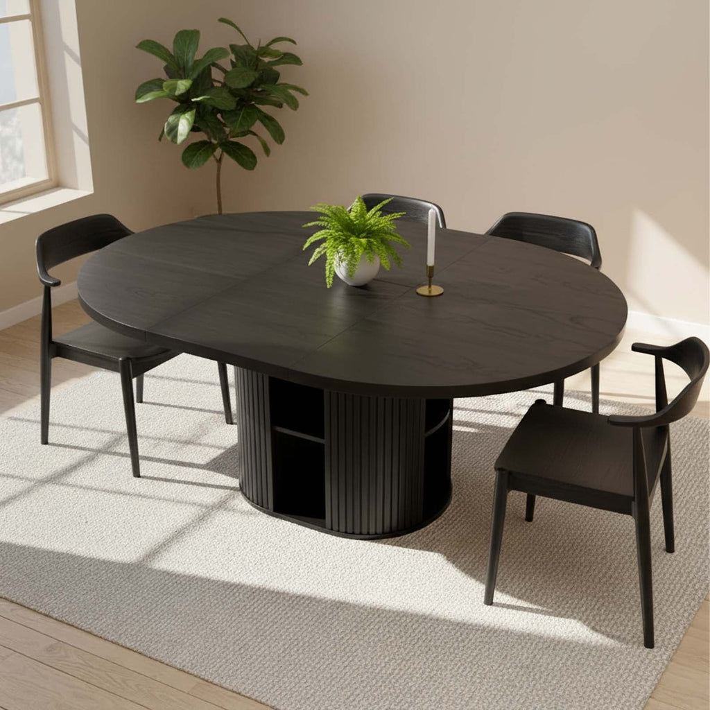 Advwin 59 Extendable Round Dining Table for 4–8, Modern Wood Oval Kitchen Table with Storage Shelf, Space-Saving Expandable Circle Dinner Table for Dining Room, Black