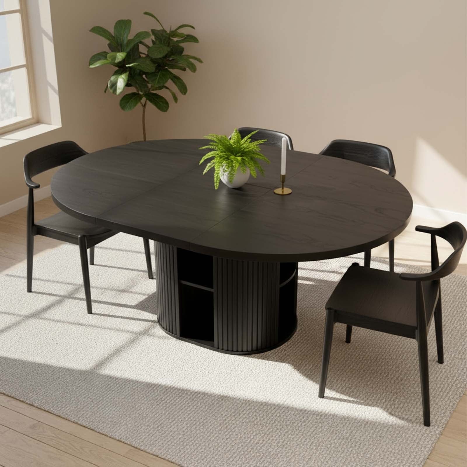 Advwin 59 Extendable Round Dining Table for 4–8, Modern Wood Oval Kitchen Table with Storage Shelf, Space-Saving Expandable Circle Dinner Table for Dining Room, Black
