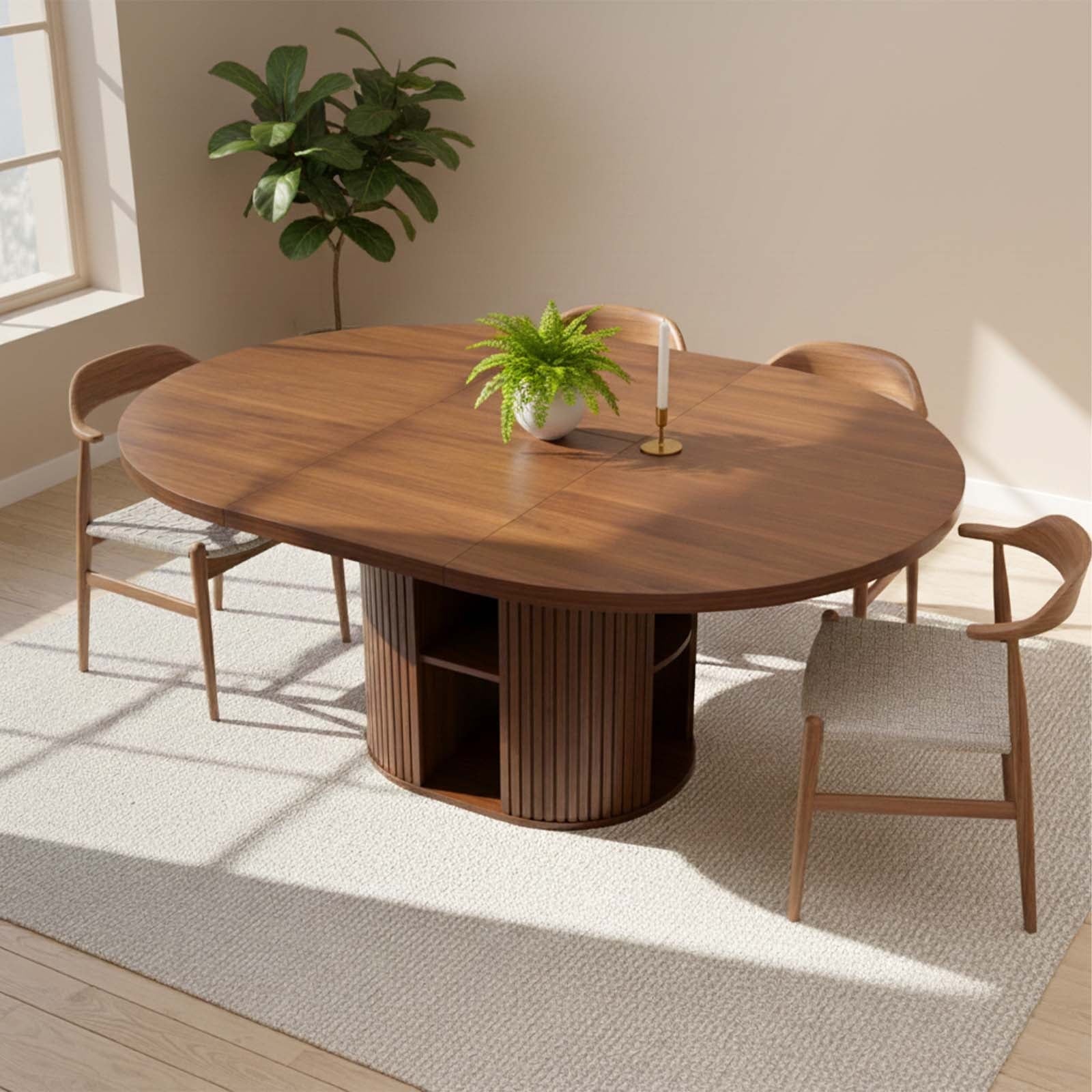 Advwin 59 Extendable Round Dining Table for 4–8, Modern Wood Oval Kitchen Table with Storage Shelf, Space-Saving Expandable Circle Dinner Table for Dining Room, Black