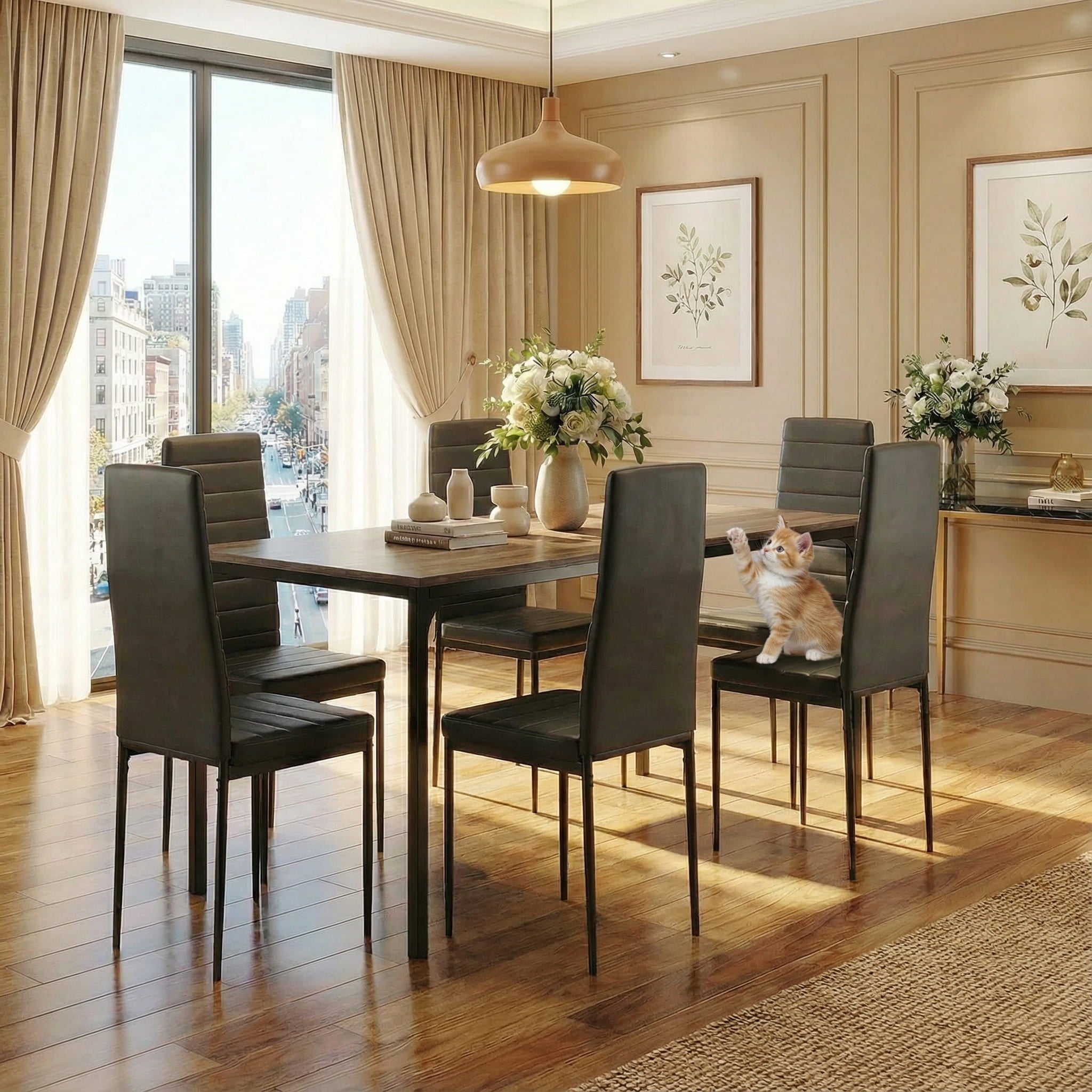 7 Piece Dining Table Set for 6, Kitchen Dining Room Furniture with 6 PU Leather Upholstered Chairs, Suitable for Apartment Small Space, Black