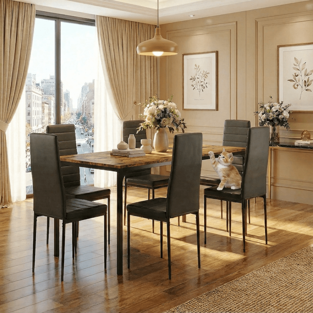 7 Piece Dining Table Set for 6, Kitchen Dining Room Furniture with 6 PU Leather Upholstered Chairs, Suitable for Apartment Small Space, Black