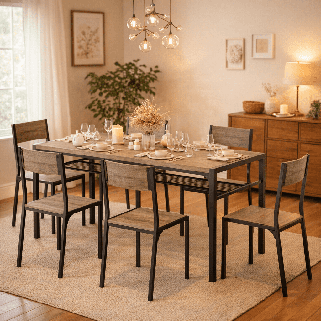 Aiho 7-Piece Dining Table Set for 6, Space-Saving Kitchen Table with Chairs, Compact Dining Furniture for Small Spaces & Apartments, Retro