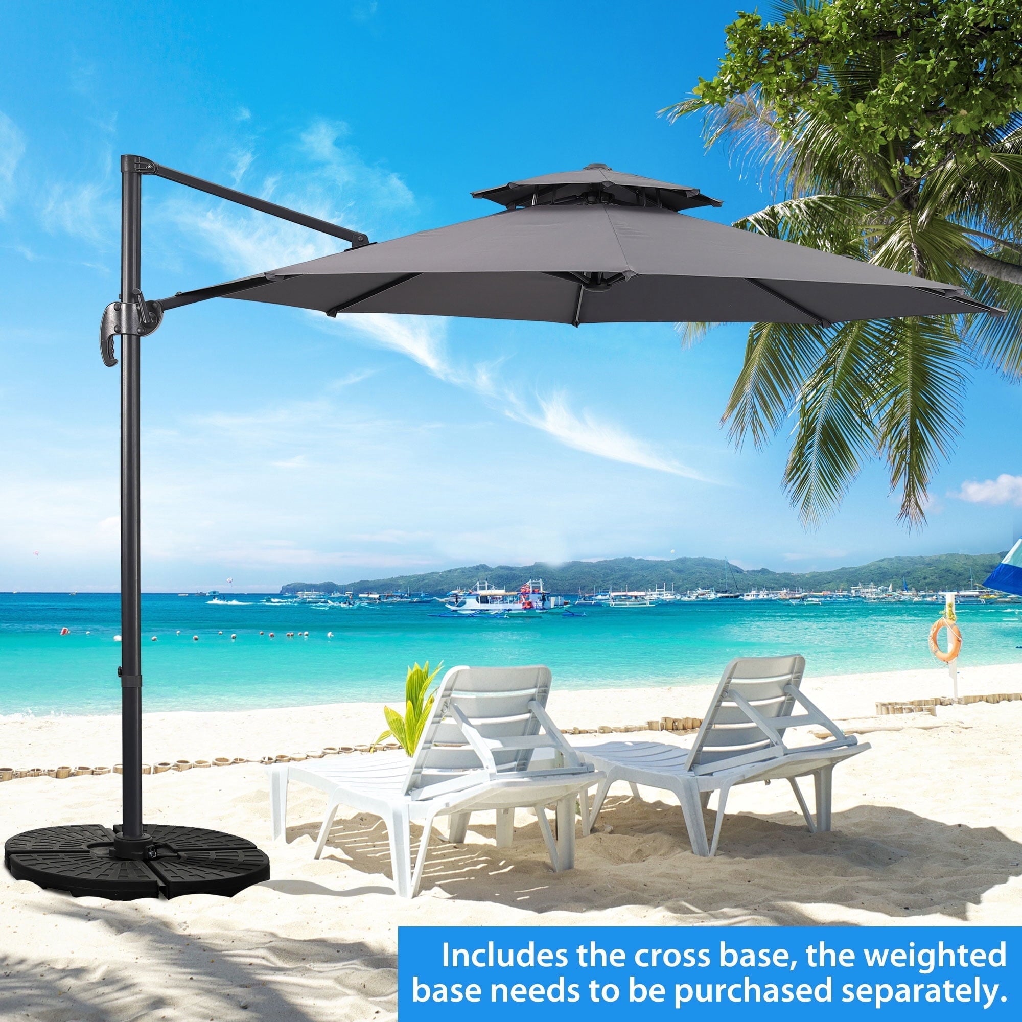 Ainfox 10ft Double Top Heavy-Duty Patio Cantilever Umbrella with lights and Cross Base, Outdoor Large Offset Hanging Aluminum Rotation Sun Shade Solar Umbrella with 360°Rotation Adjustable,Khaki