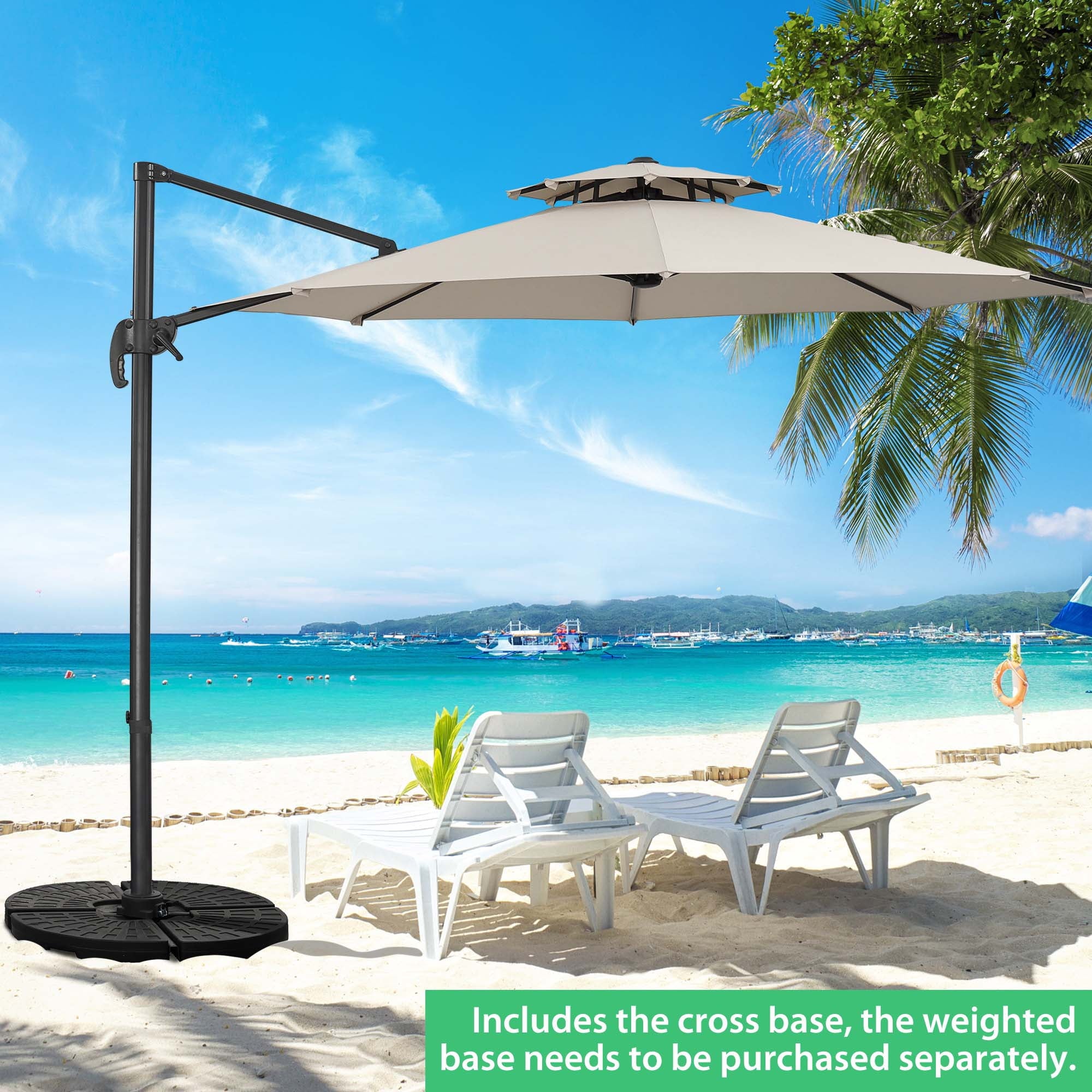 Ainfox 10ft Double Top Heavy-Duty Patio Cantilever Umbrella with lights and Cross Base, Outdoor Large Offset Hanging Aluminum Rotation Sun Shade Solar Umbrella with 360°Rotation Adjustable,Khaki