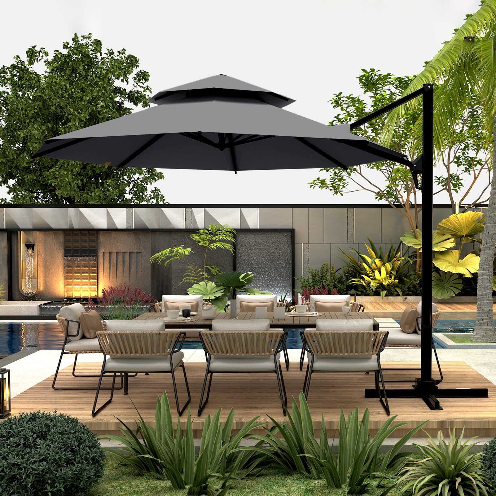 Ainfox 10ft Double Top Heavy-Duty Patio Cantilever Umbrella with lights and Cross Base, Outdoor Large Offset Hanging Aluminum Rotation Sun Shade Solar Umbrella with 360°Rotation Adjustable,Khaki