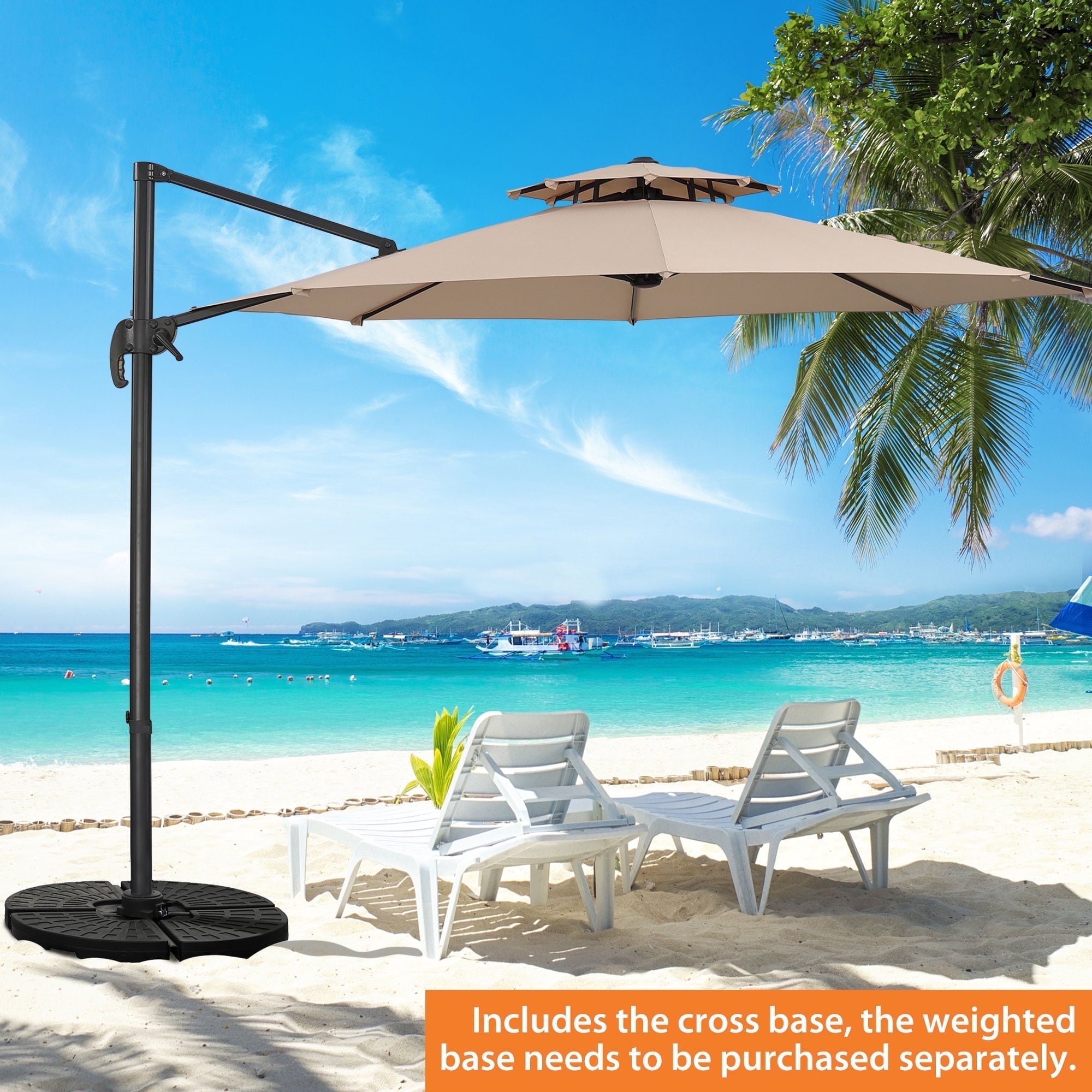 Ainfox 10ft Double Top Heavy-Duty Patio Cantilever Umbrella with lights and Cross Base, Outdoor Large Offset Hanging Aluminum Rotation Sun Shade Solar Umbrella with 360°Rotation Adjustable,Khaki