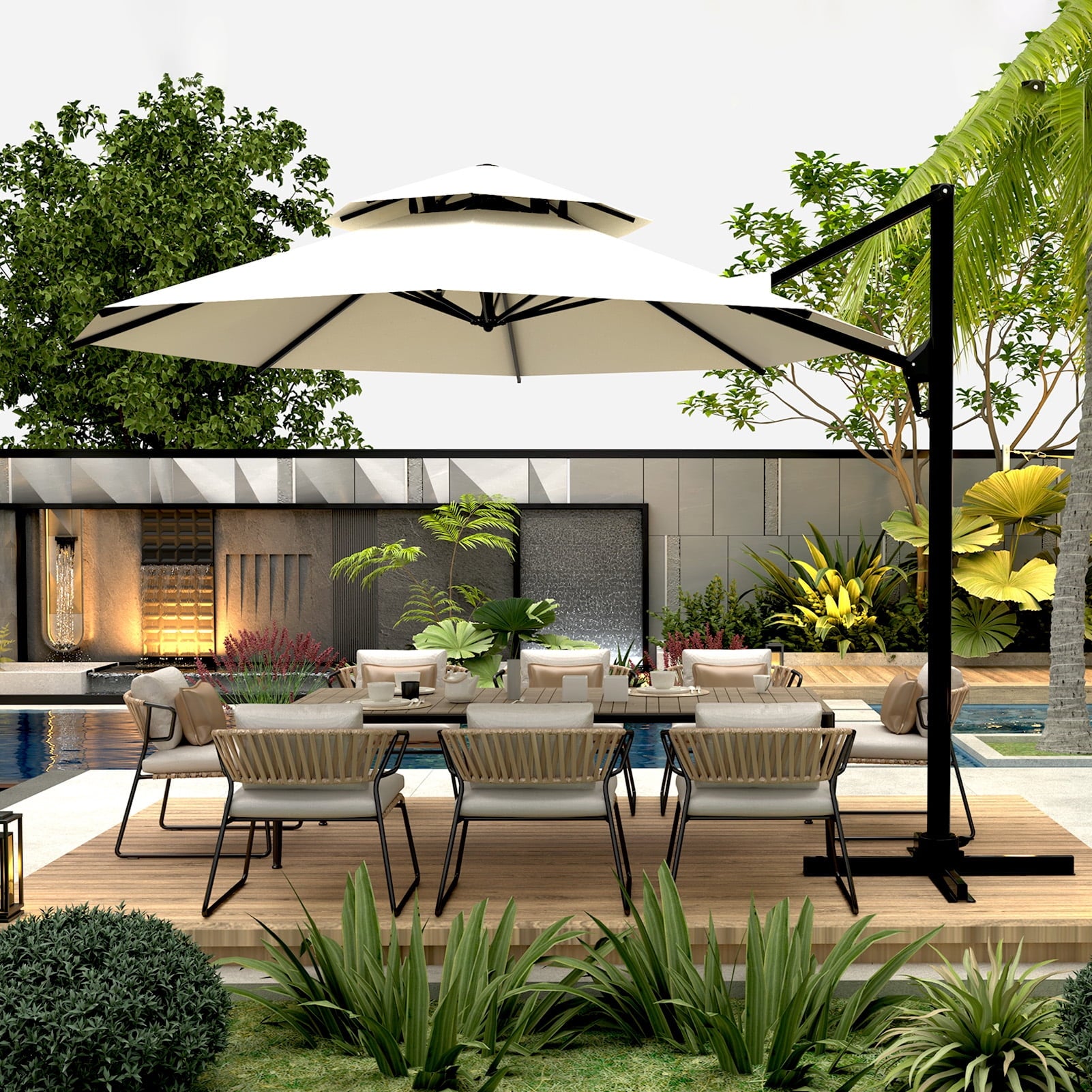 Ainfox 10ft Double Top Heavy-Duty Patio Cantilever Umbrella with lights and Cross Base, Outdoor Large Offset Hanging Aluminum Rotation Sun Shade Solar Umbrella with 360°Rotation Adjustable,Khaki