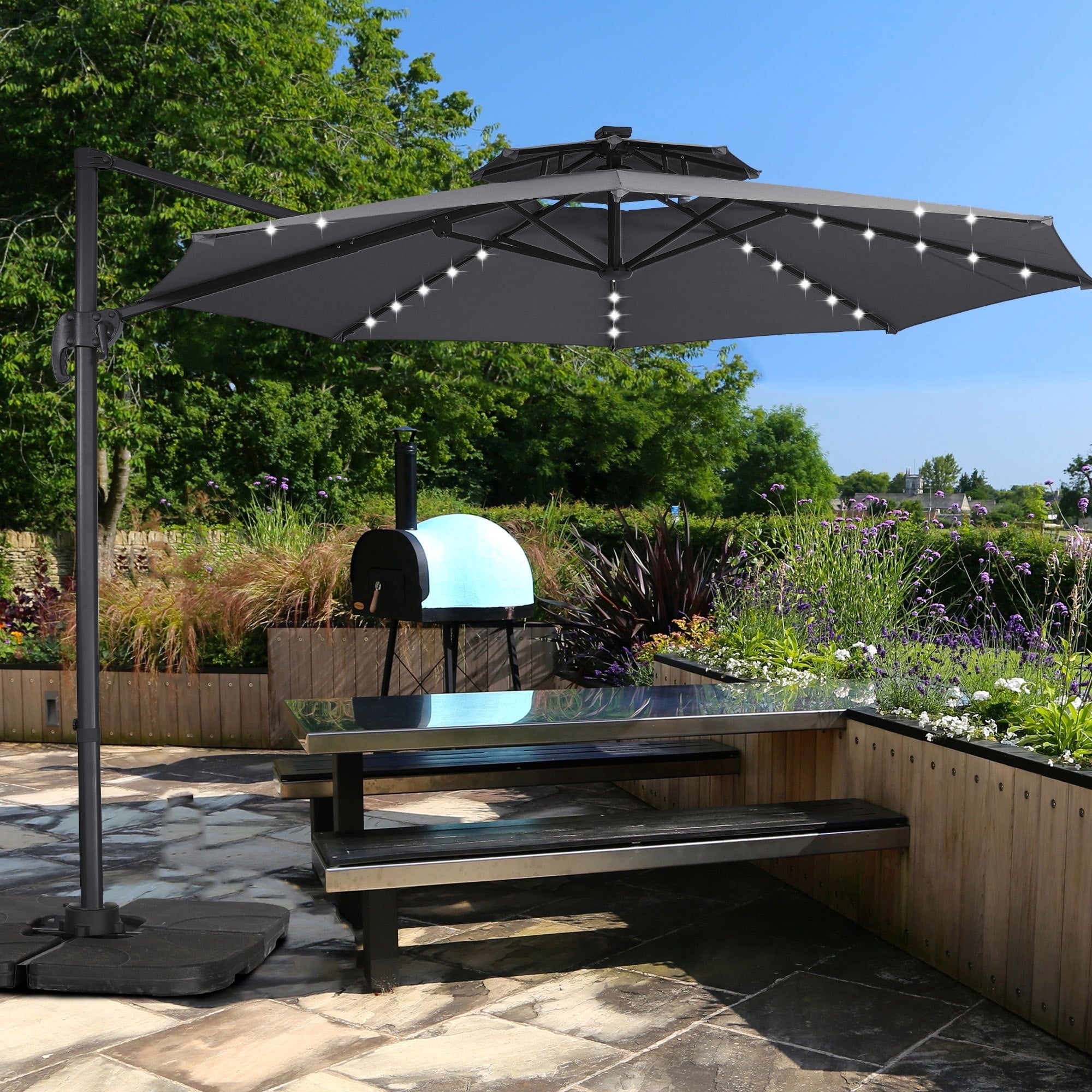 Ainfox 10ft Double Top Heavy-Duty Patio Cantilever Umbrella with lights and Cross Base, Outdoor Large Offset Hanging Aluminum Rotation Sun Shade Solar Umbrella with 360°Rotation Adjustable,Khaki