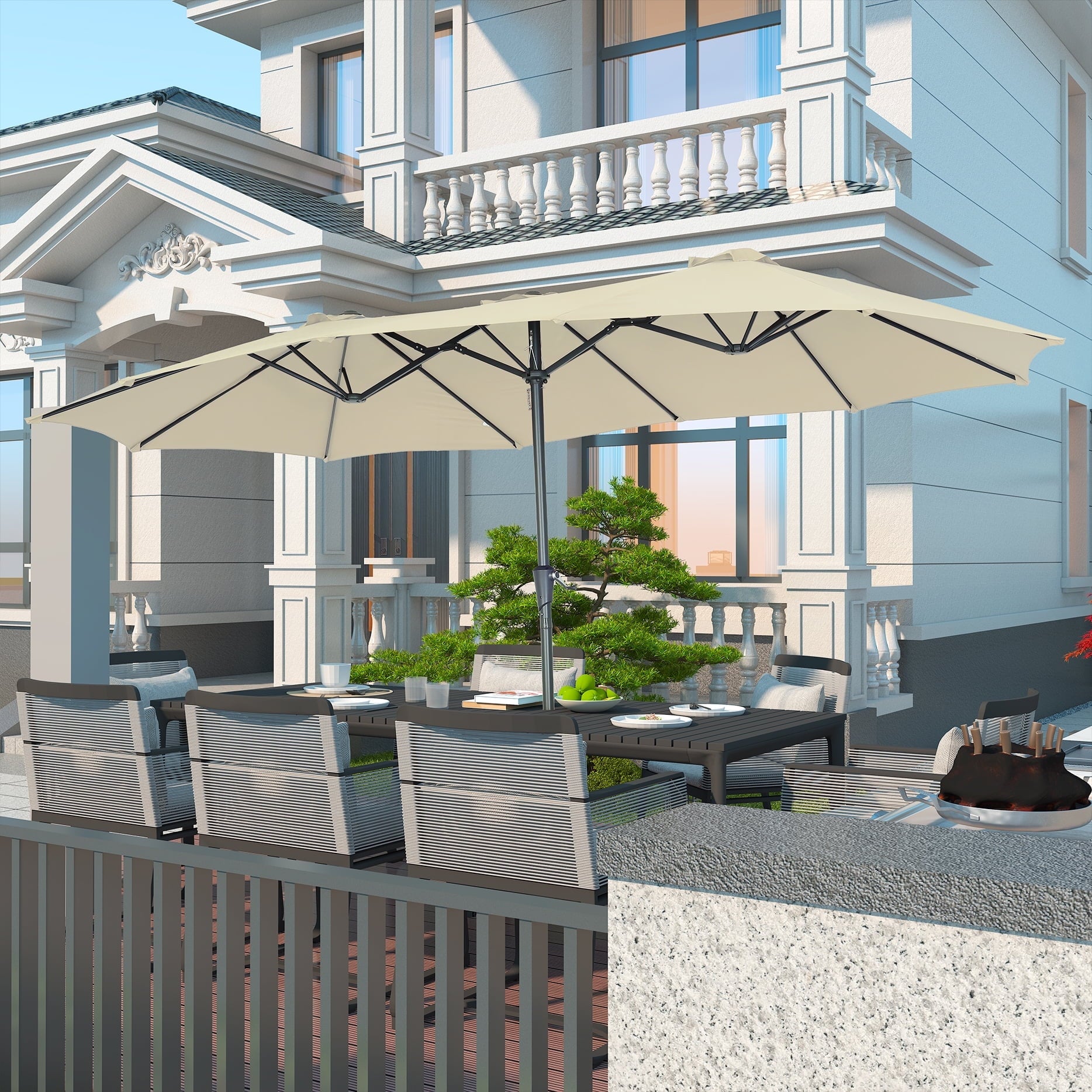 Ainfox 15ft Large Patio Umbrella with Solar Lights, Double-Sided Outdoor Rectangle Table Umbrellas with Sand Bag Base，Beige