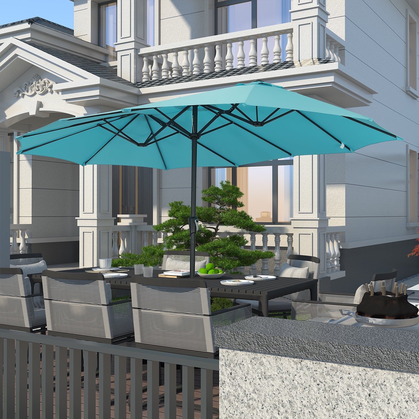 Ainfox 15ft Large Patio Umbrella with Solar Lights, Double-Sided Outdoor Rectangle Table Umbrellas with Sand Bag Base，Beige