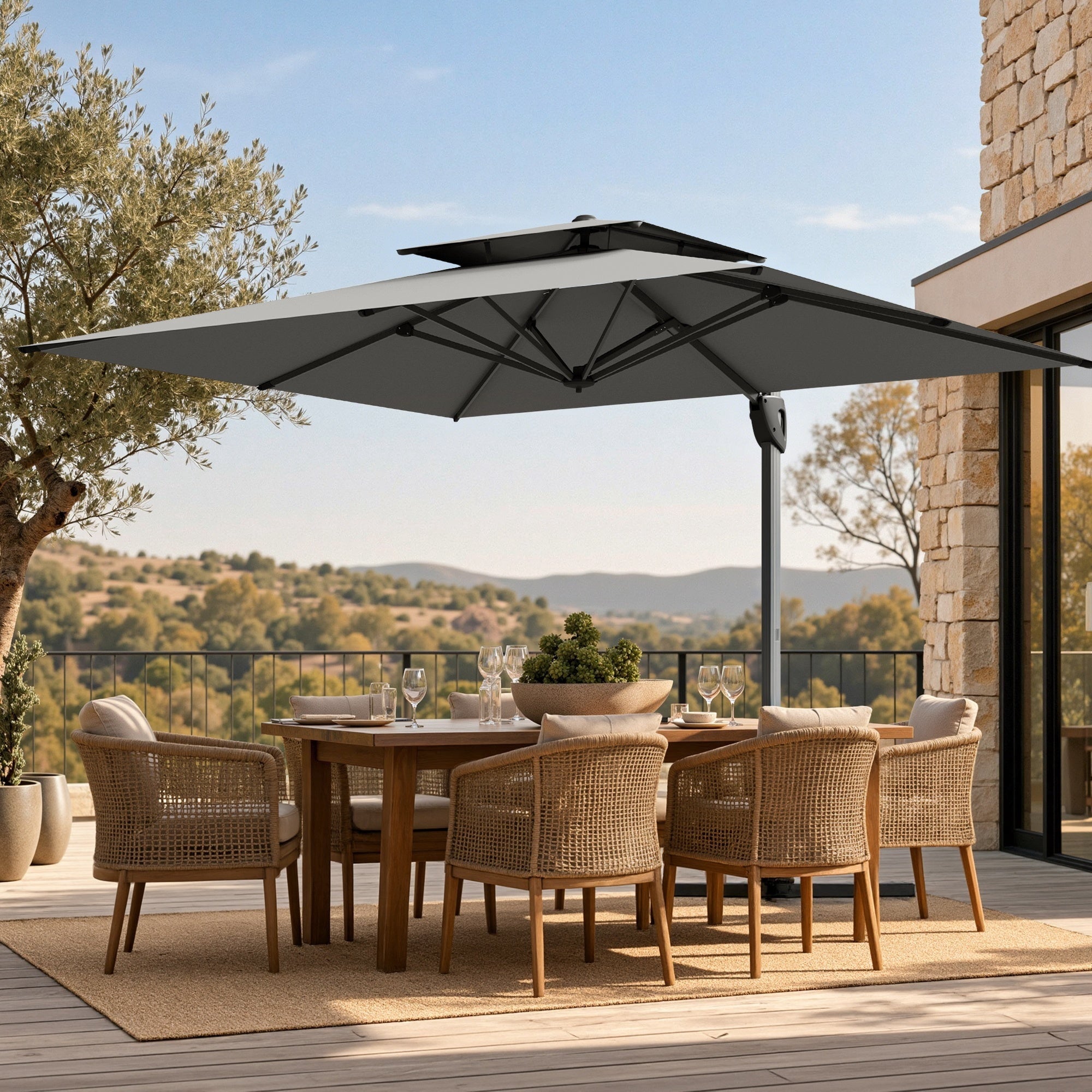 Alpha Joy 12x9ft Outdoor Patio Umbrella Large Rectangle Offset Cantilever Double Umbrella with 360°Rotation, Beige