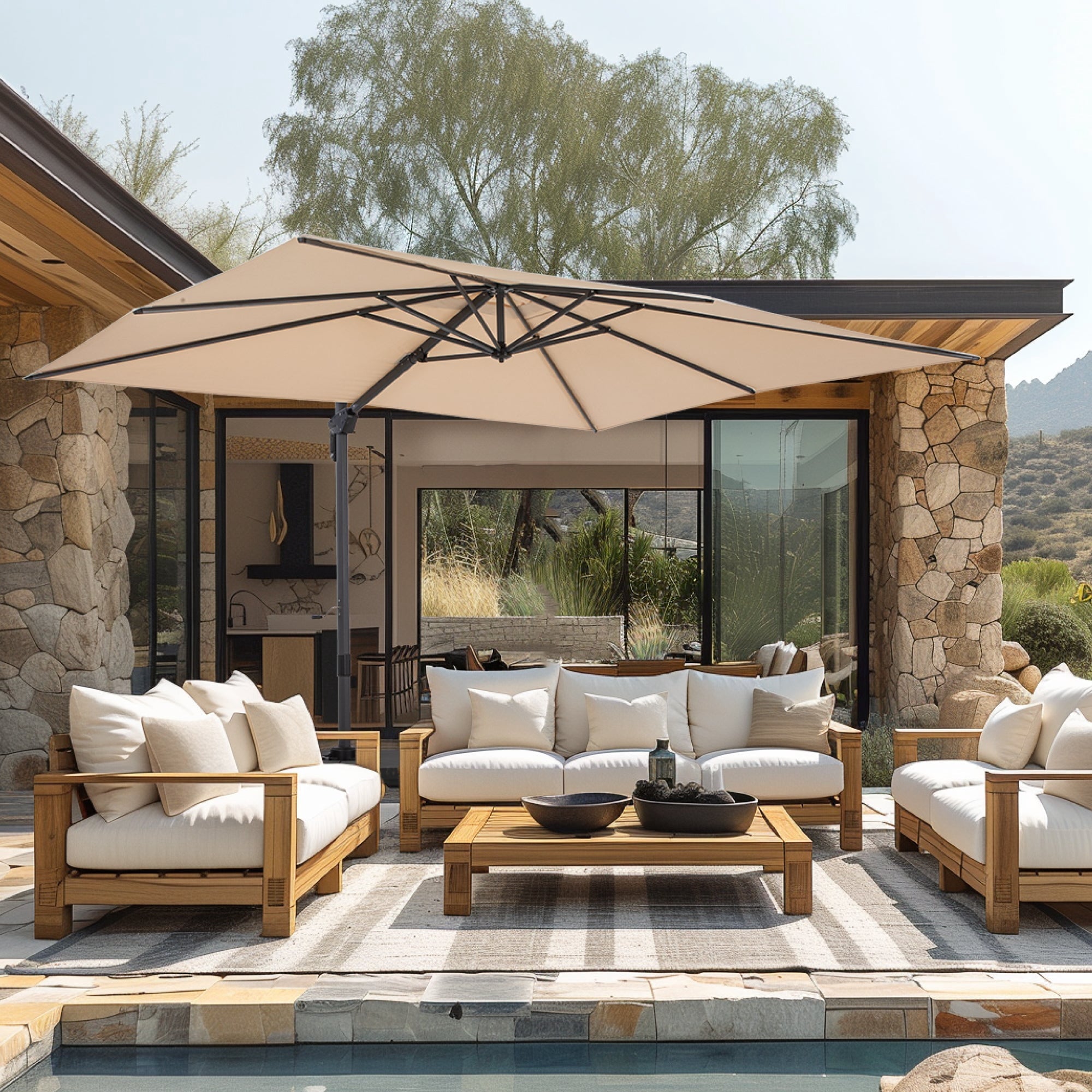 Alpha Joy 12x9ft Outdoor Patio Umbrella Large Rectangle Offset Cantilever Double Umbrella with 360°Rotation, Beige