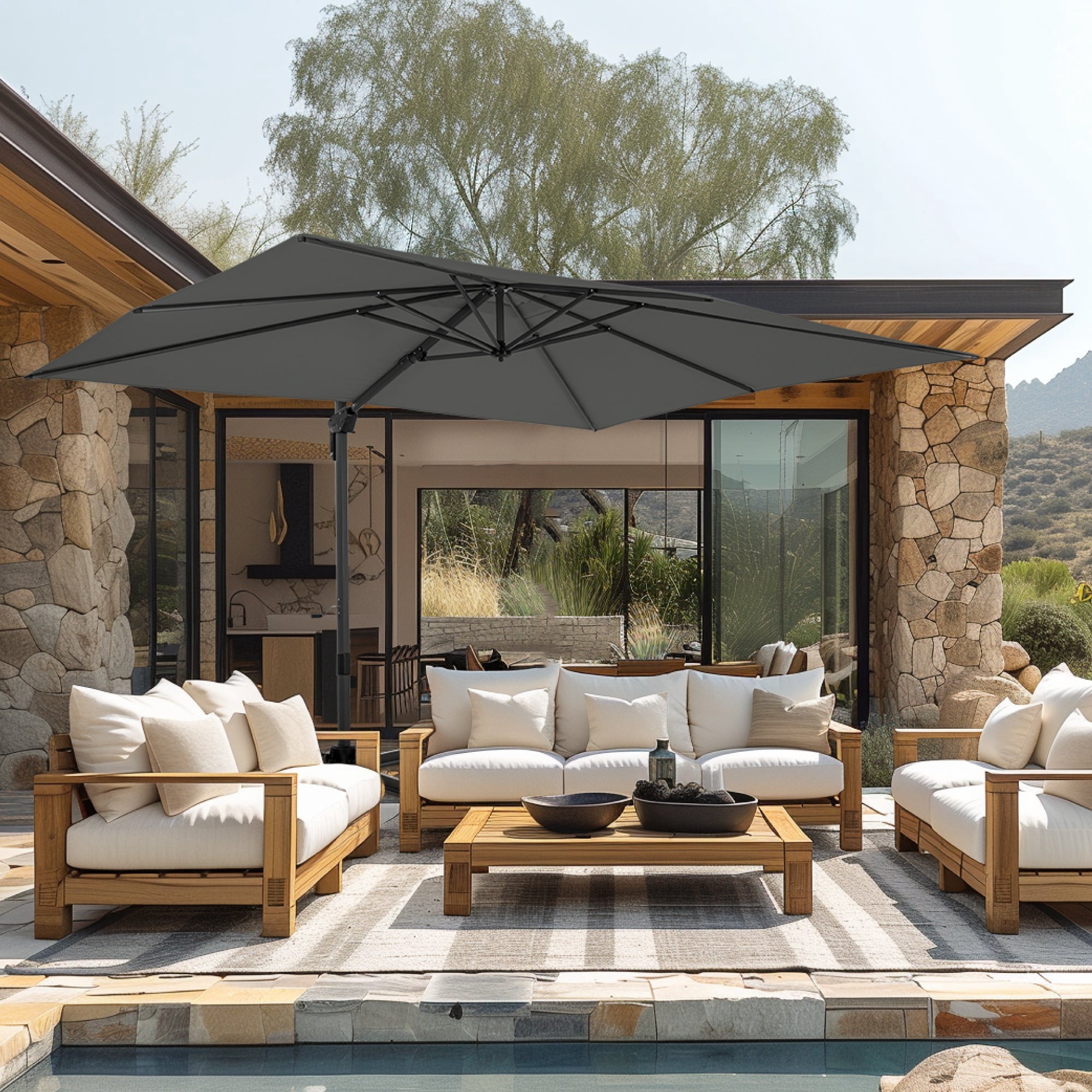 Alpha Joy 12x9ft Outdoor Patio Umbrella Large Rectangle Offset Cantilever Double Umbrella with 360°Rotation, Beige