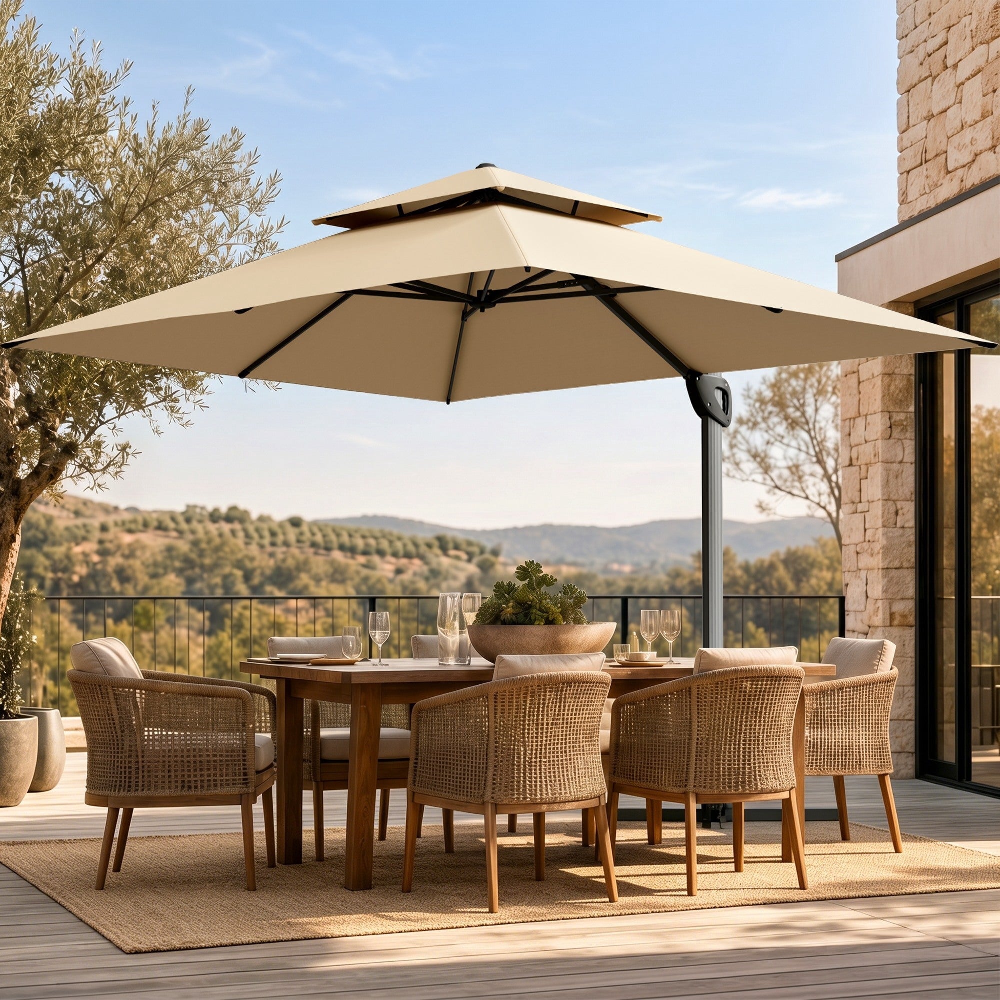 Alpha Joy 12x9ft Outdoor Patio Umbrella Large Rectangle Offset Cantilever Double Umbrella with 360°Rotation, Beige