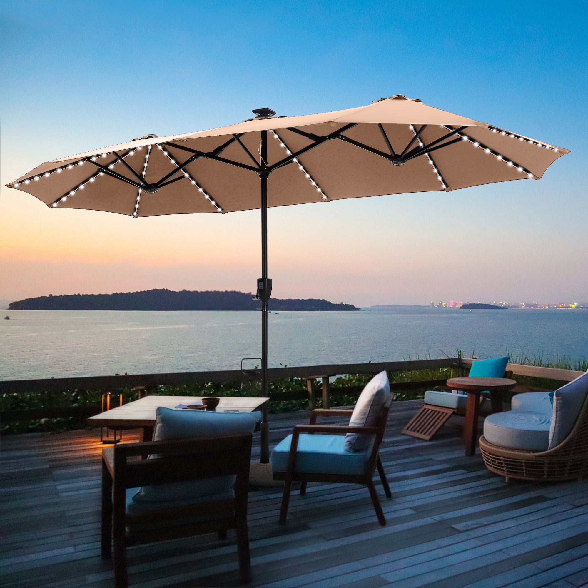 Alpha Joy 13ft Large Double-Sided Outdoor Patio Umbrella with Colorful Solar Lights, Navy Blue