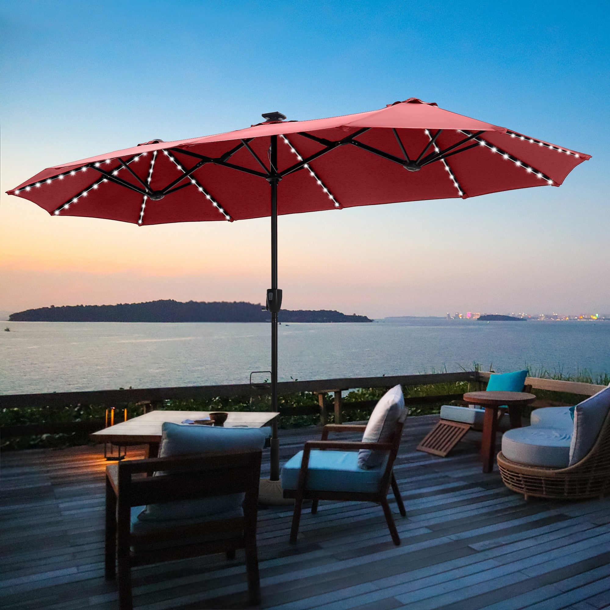 Alpha Joy 13ft Large Double-Sided Outdoor Patio Umbrella with Colorful Solar Lights, Navy Blue