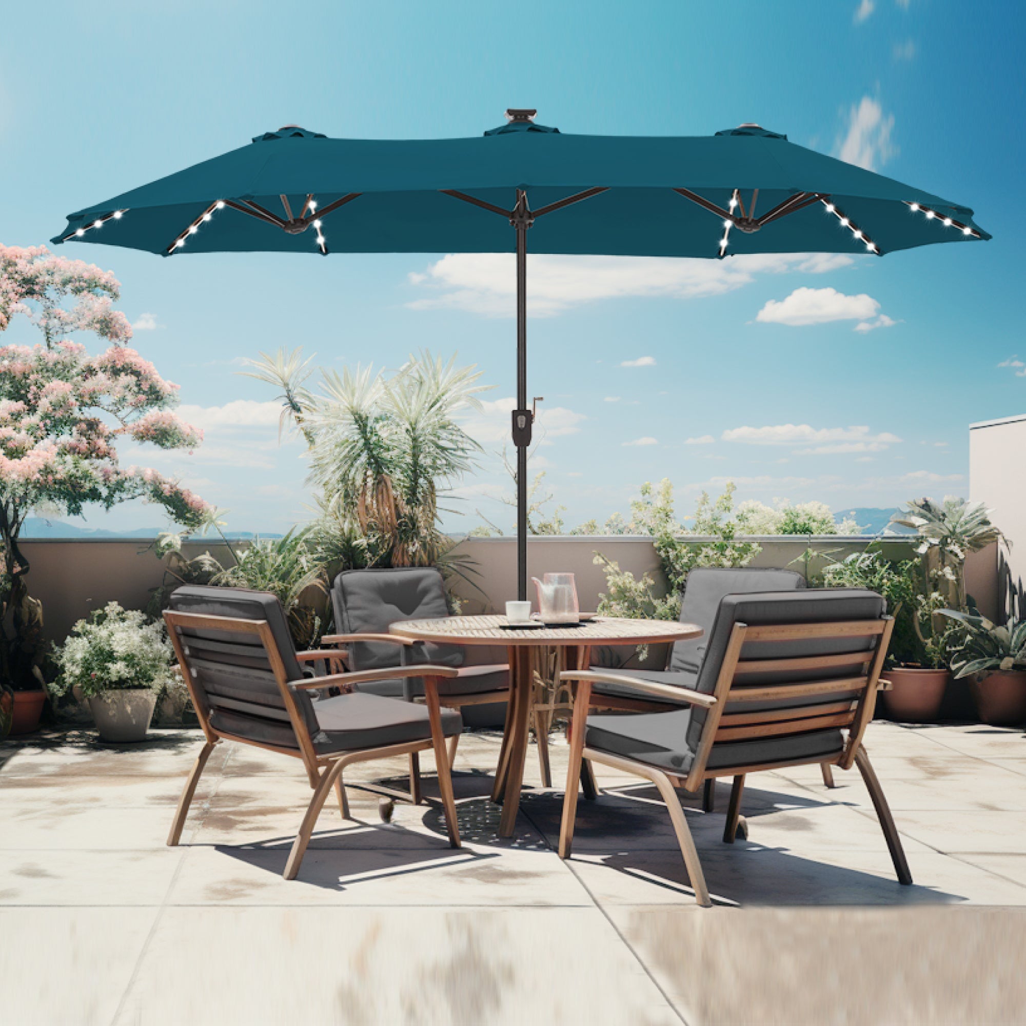 Alpha Joy 13ft Large Double-Sided Outdoor Patio Umbrella with Colorful Solar Lights, Navy Blue