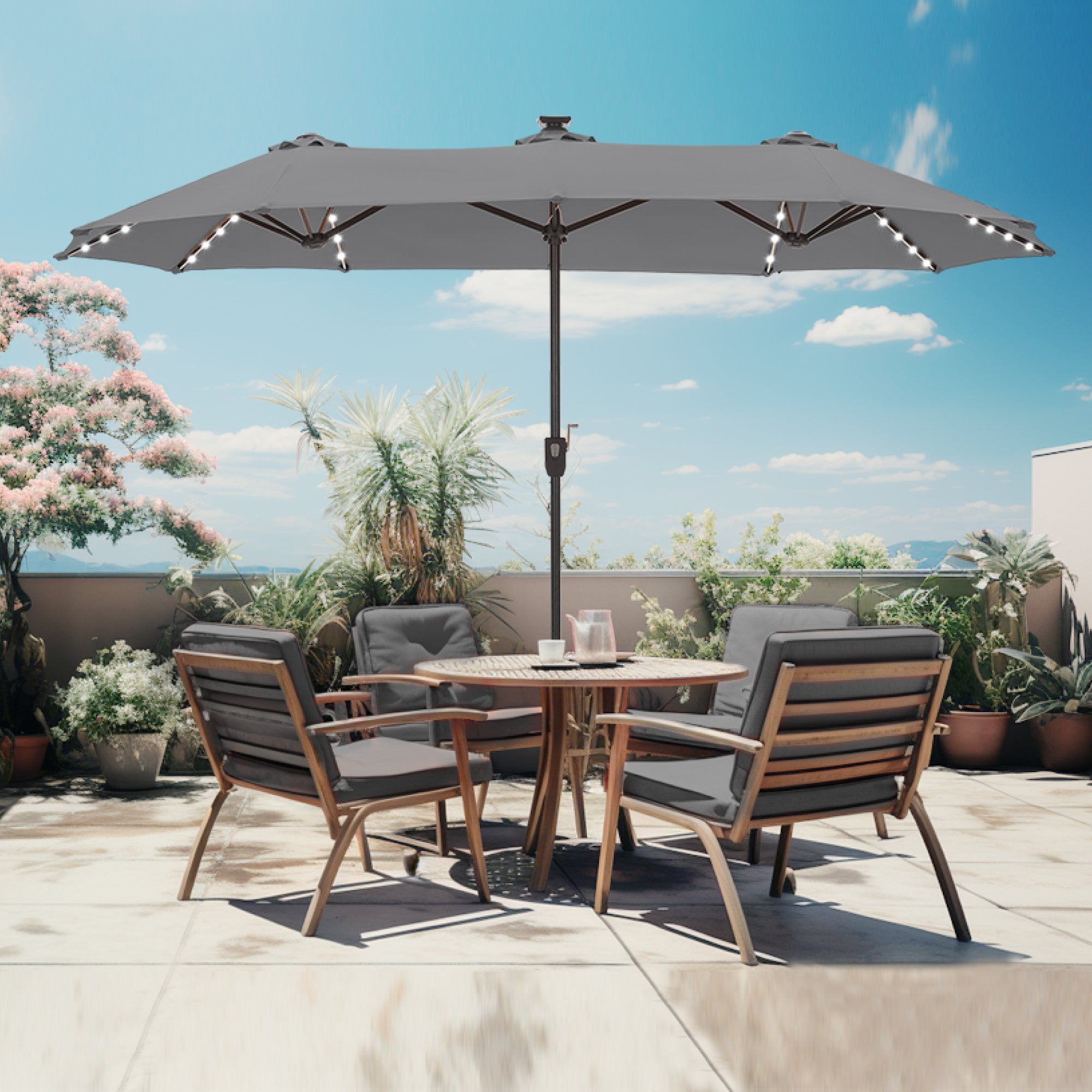 Alpha Joy 13ft Large Double-Sided Outdoor Patio Umbrella with Colorful Solar Lights, Navy Blue