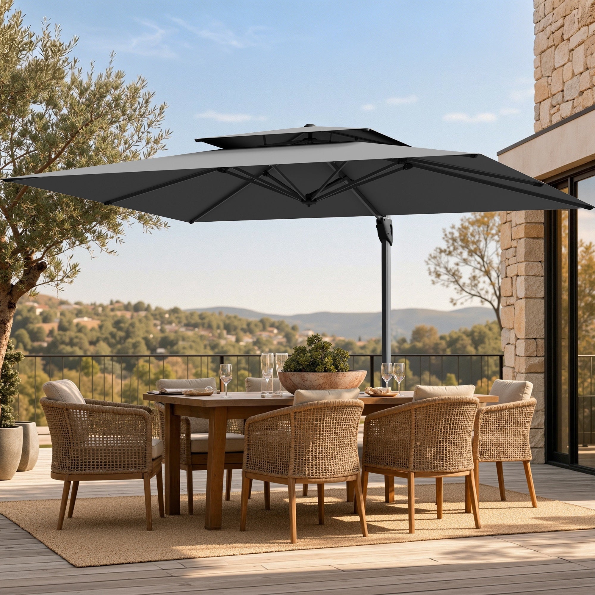 Alpha Joy 12x9ft Outdoor Patio Umbrella Large Rectangle Offset Cantilever Double Umbrella with 360°Rotation, Beige
