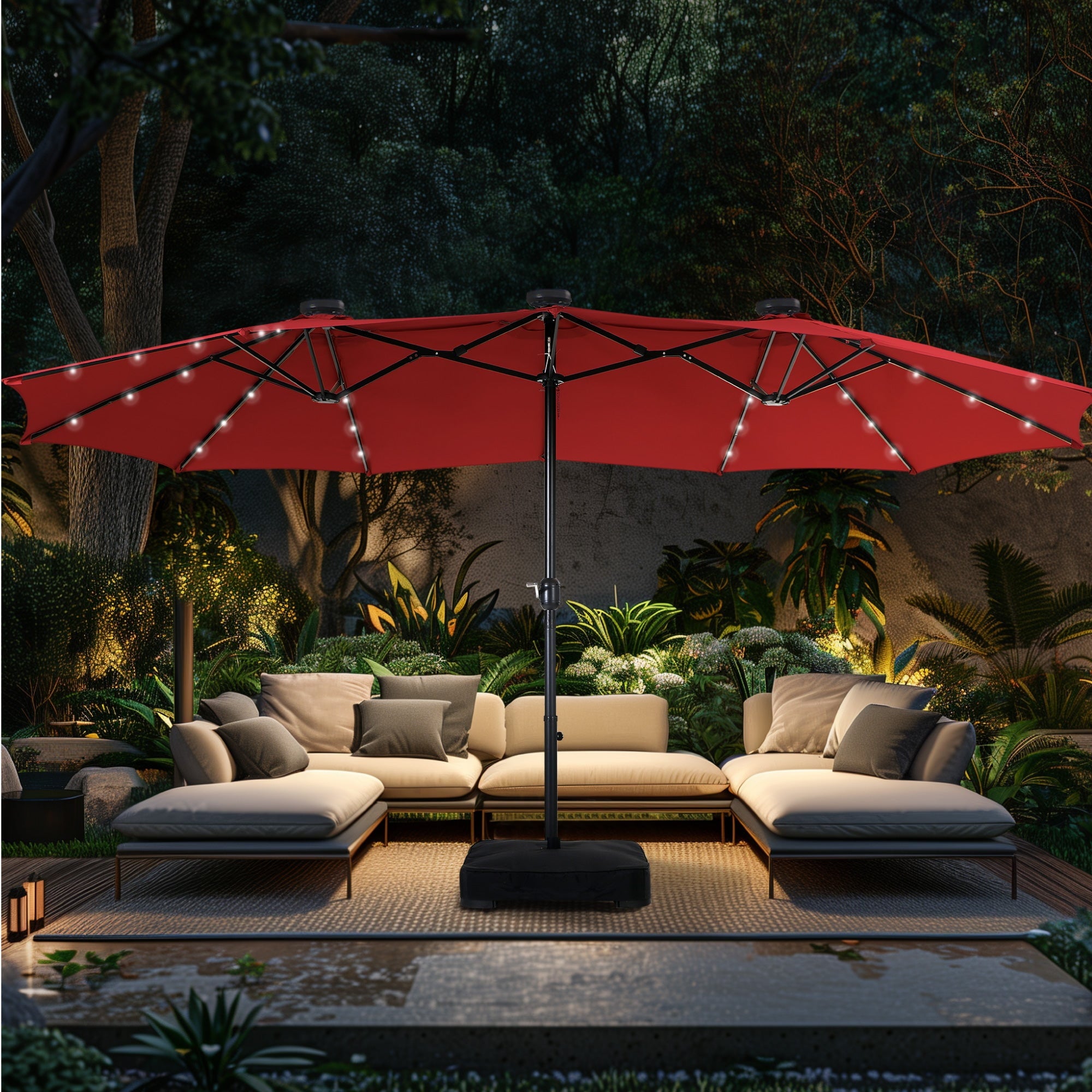 Alpha Joy 15ft Extra Large Outdoor Patio Double-Sided Umbrella with LED Solar Lights & Umbrella Base, Beige