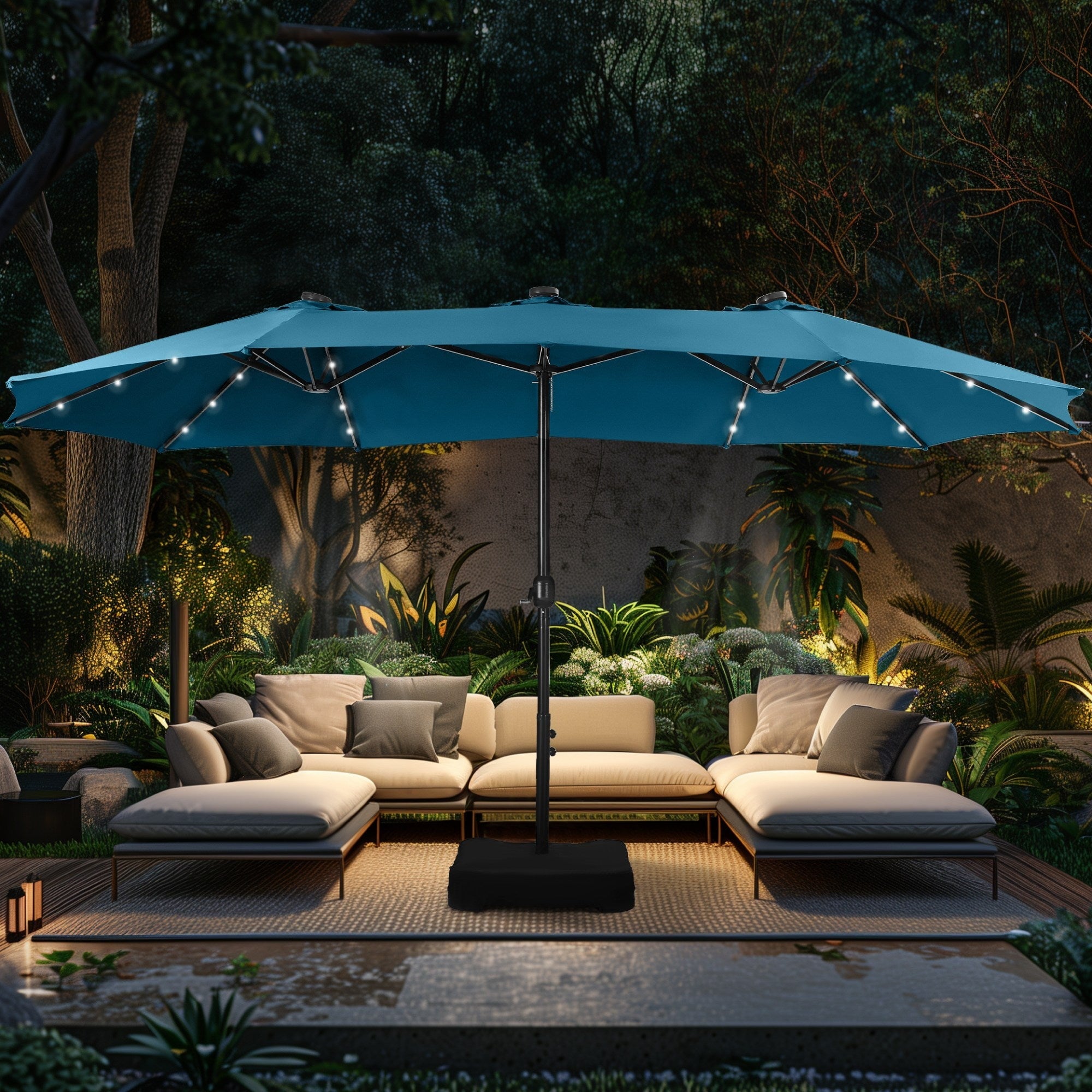 Alpha Joy 15ft Extra Large Outdoor Patio Double-Sided Umbrella with LED Solar Lights & Umbrella Base, Beige