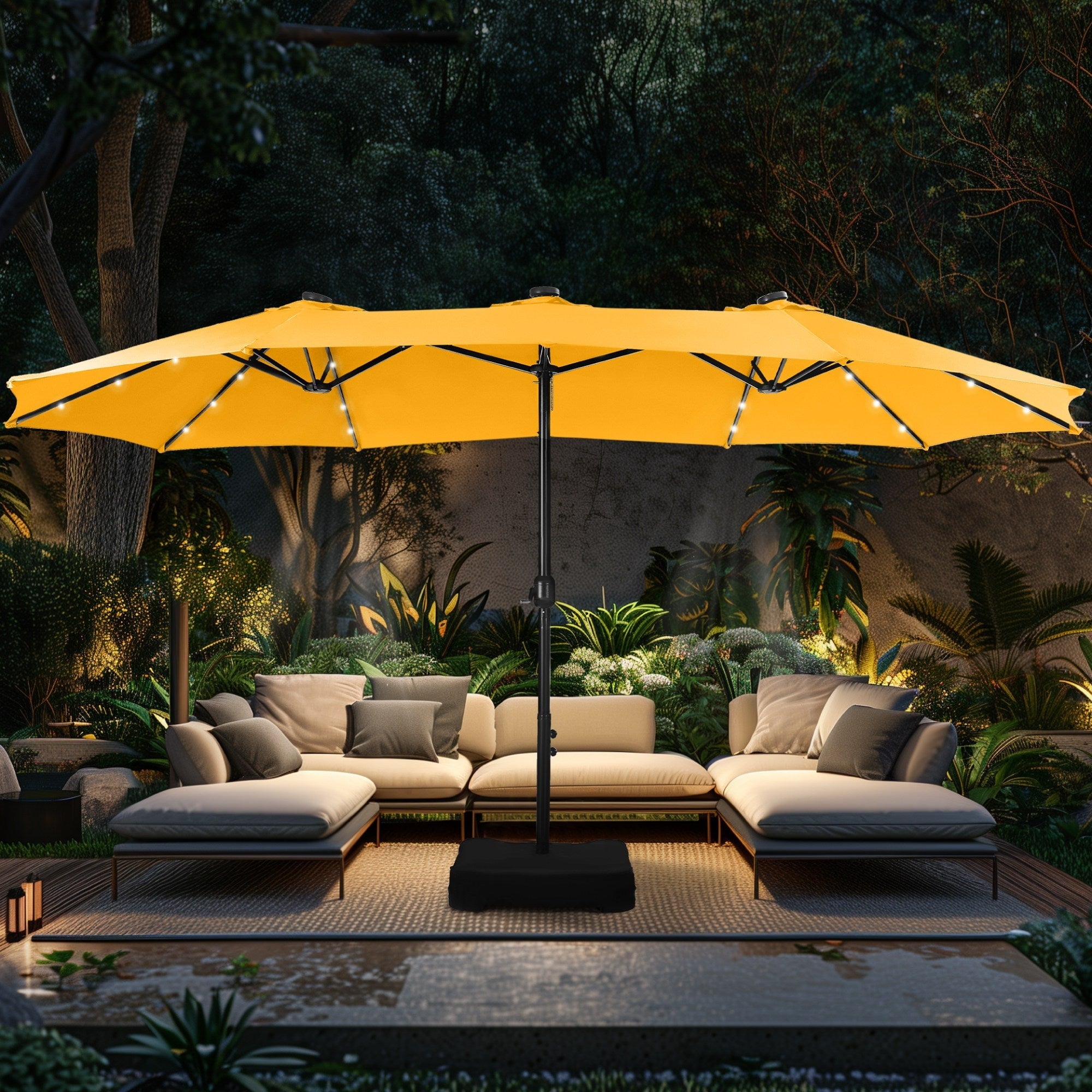 Alpha Joy 15ft Extra Large Outdoor Patio Double-Sided Umbrella with LED Solar Lights & Umbrella Base, Beige