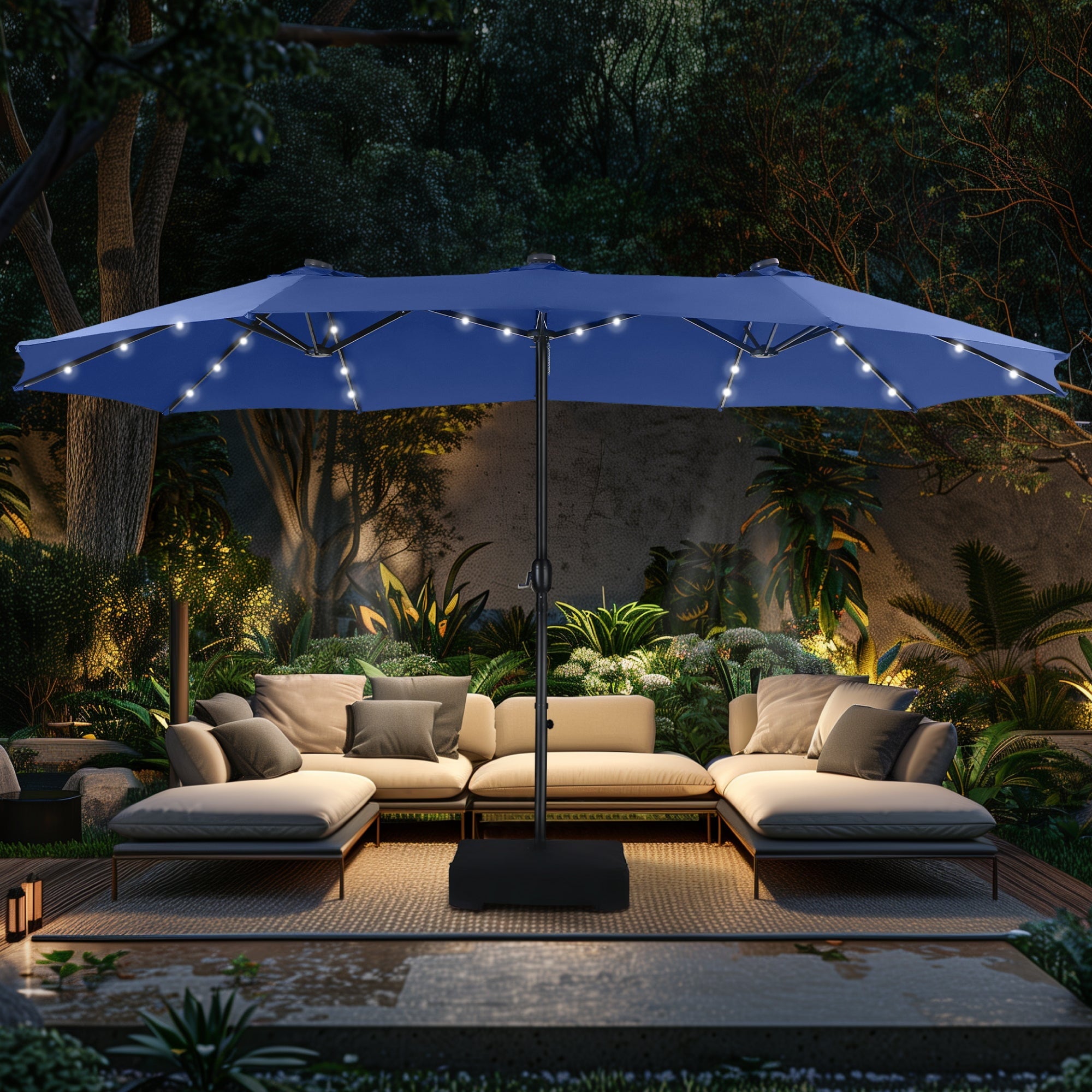 Alpha Joy 15ft Extra Large Outdoor Patio Double-Sided Umbrella with LED Solar Lights & Umbrella Base, Beige