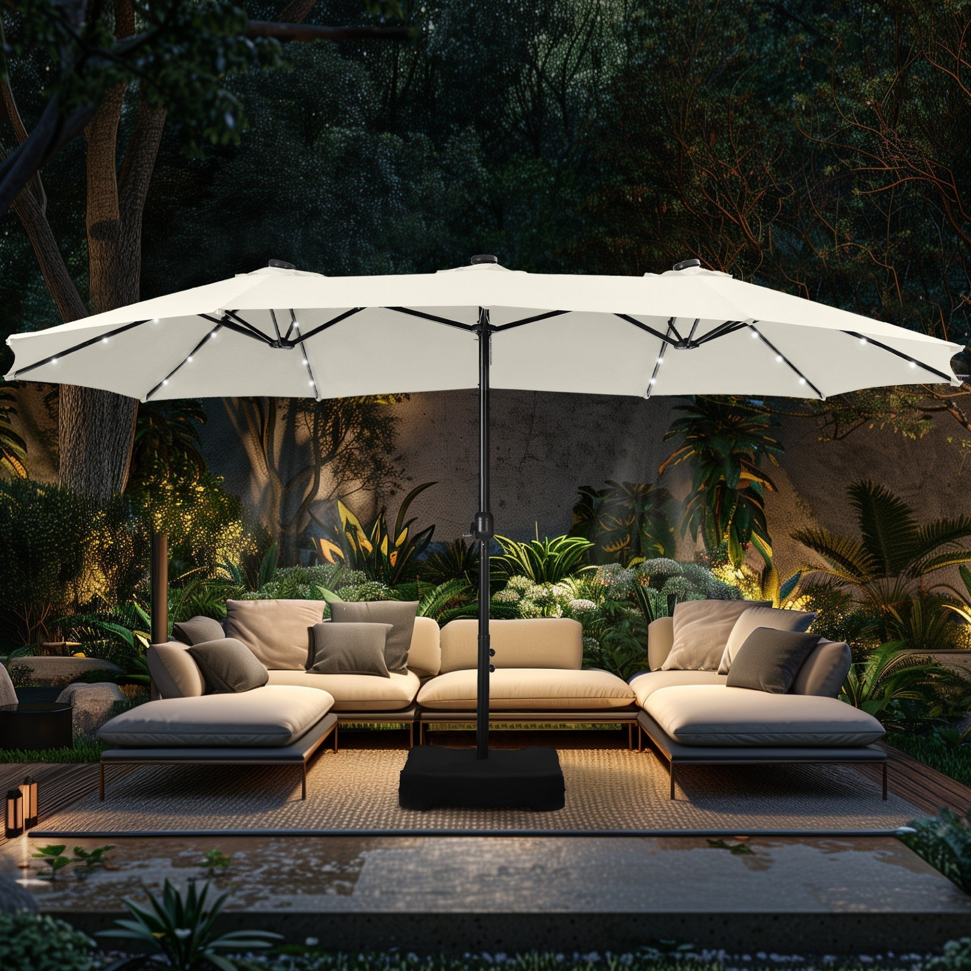 Alpha Joy 15ft Extra Large Outdoor Patio Double-Sided Umbrella with LED Solar Lights & Umbrella Base, Beige