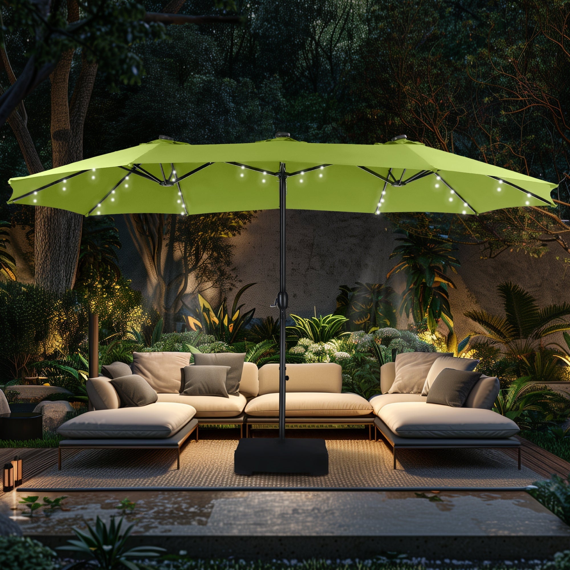 Alpha Joy 15ft Extra Large Outdoor Patio Double-Sided Umbrella with LED Solar Lights & Umbrella Base, Beige