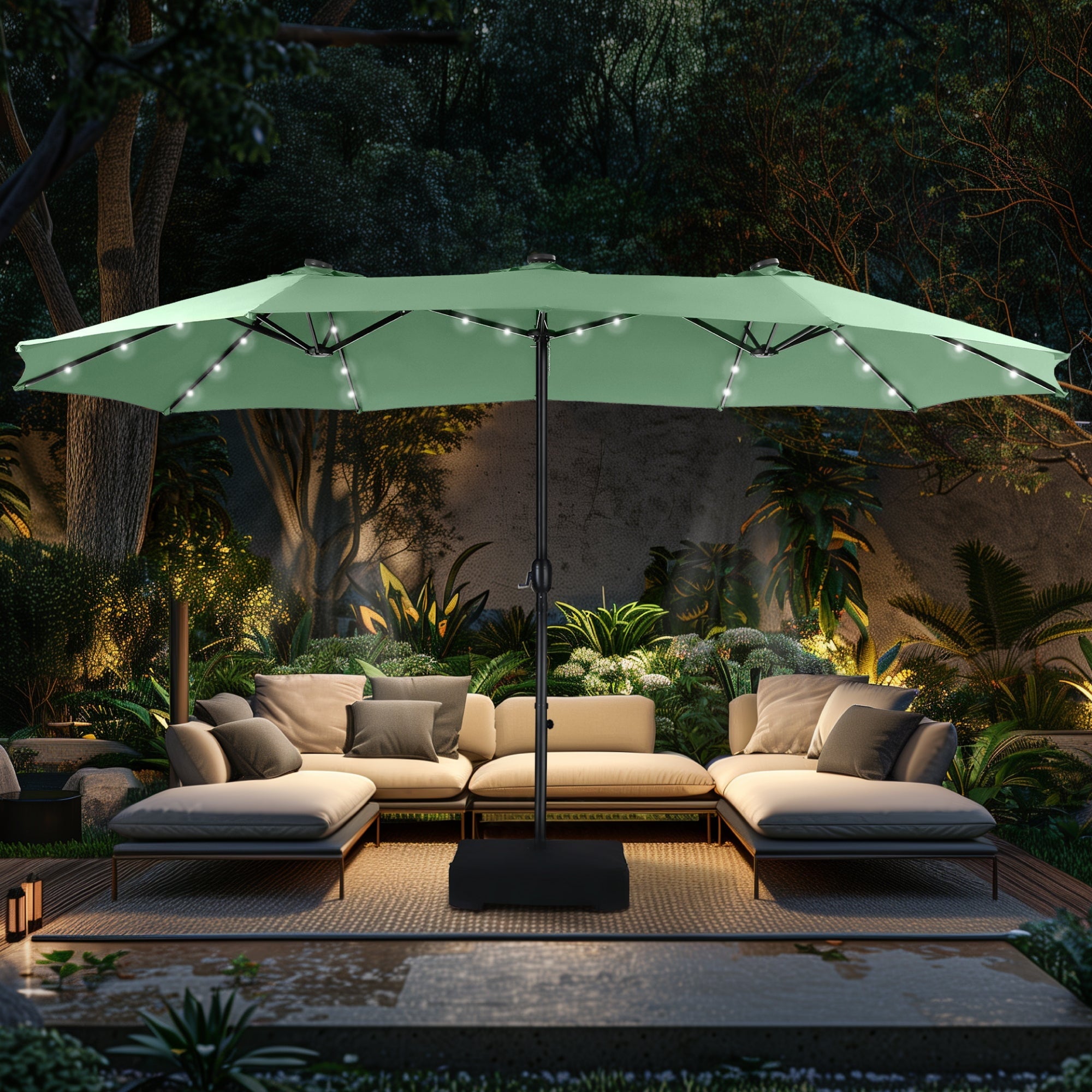 Alpha Joy 15ft Extra Large Outdoor Patio Double-Sided Umbrella with LED Solar Lights & Umbrella Base, Beige