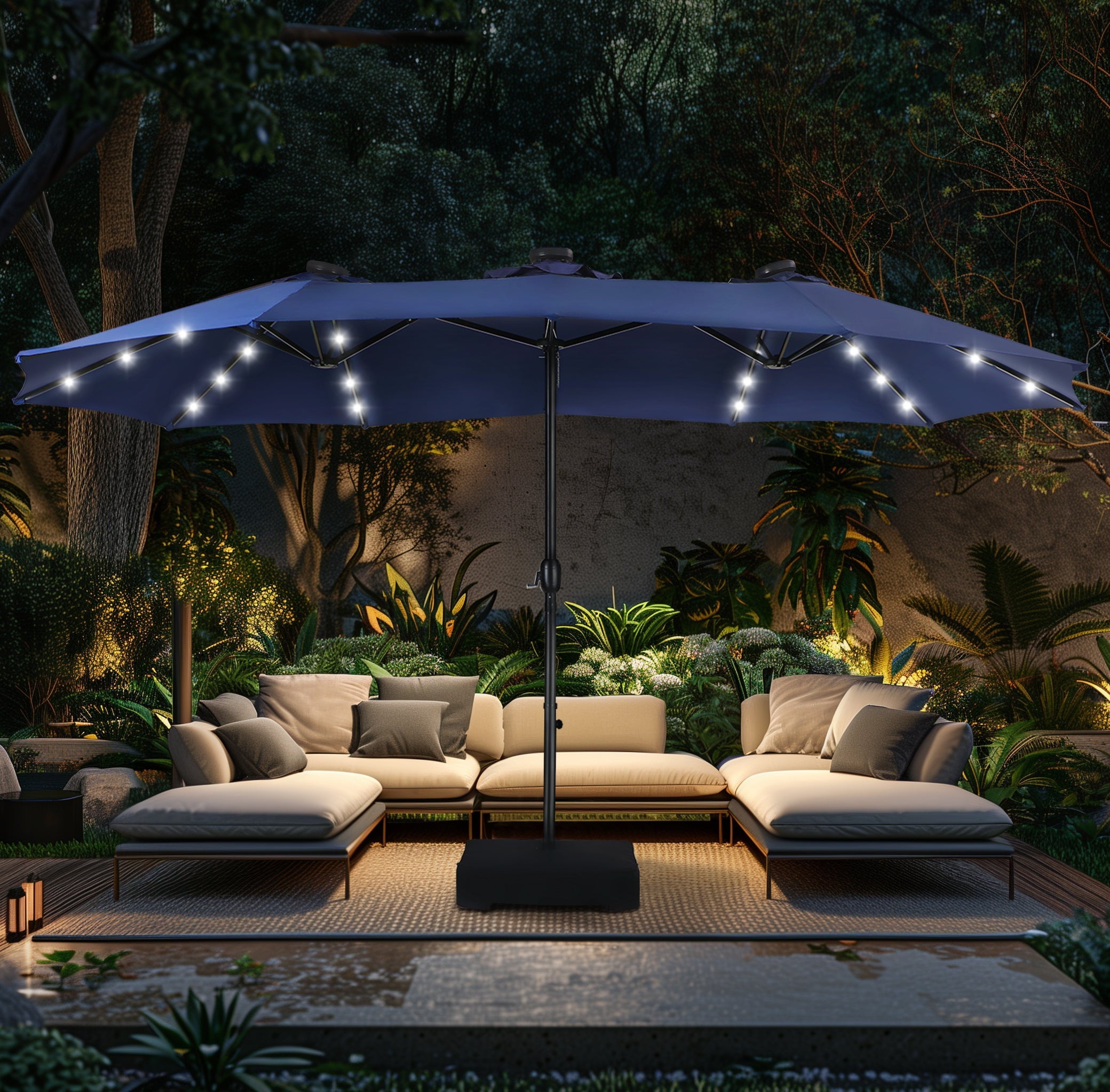 Alpha Joy 15ft Extra Large Outdoor Patio Double-Sided Umbrella with LED Solar Lights & Umbrella Base, Beige
