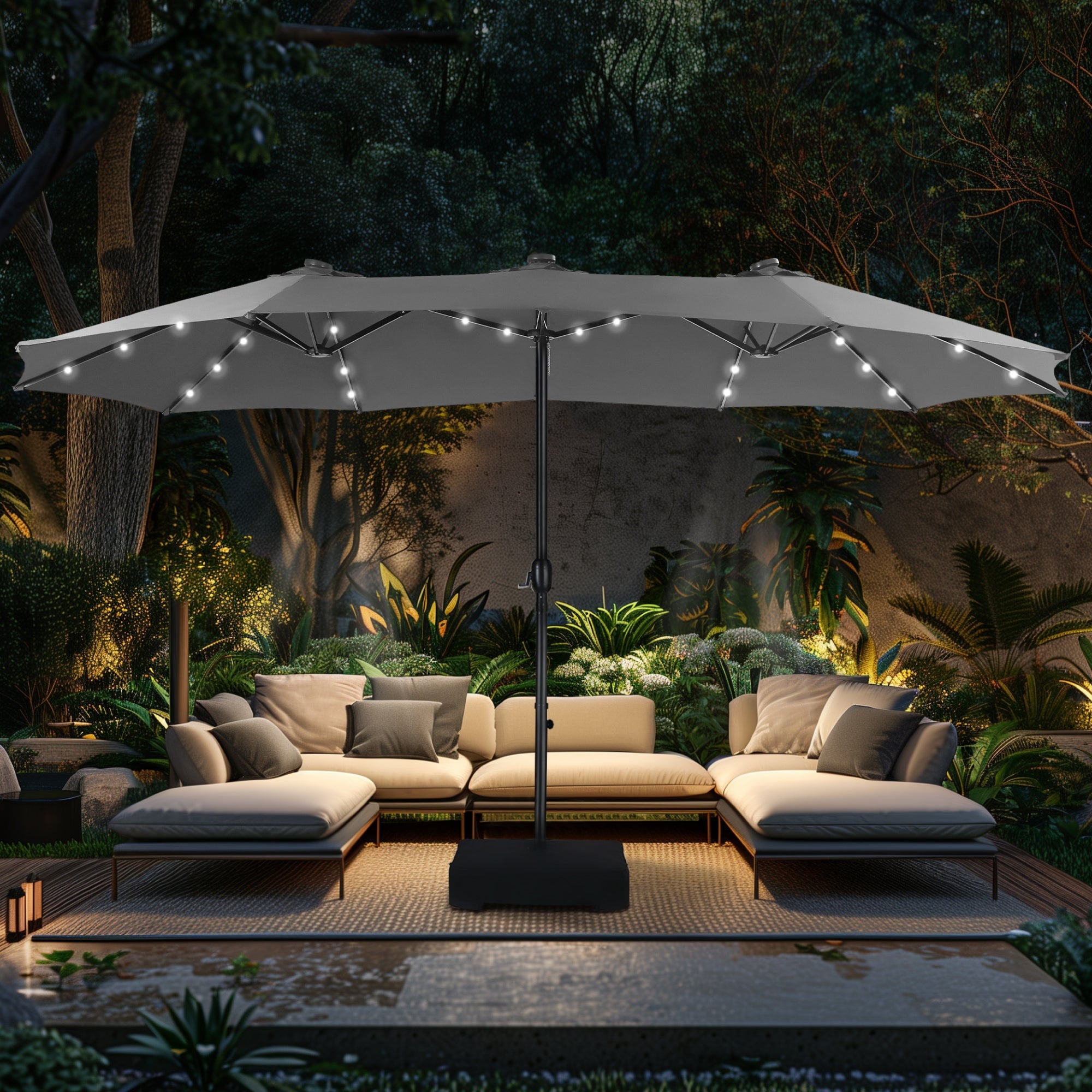 Alpha Joy 15ft Extra Large Outdoor Patio Double-Sided Umbrella with LED Solar Lights & Umbrella Base, Beige