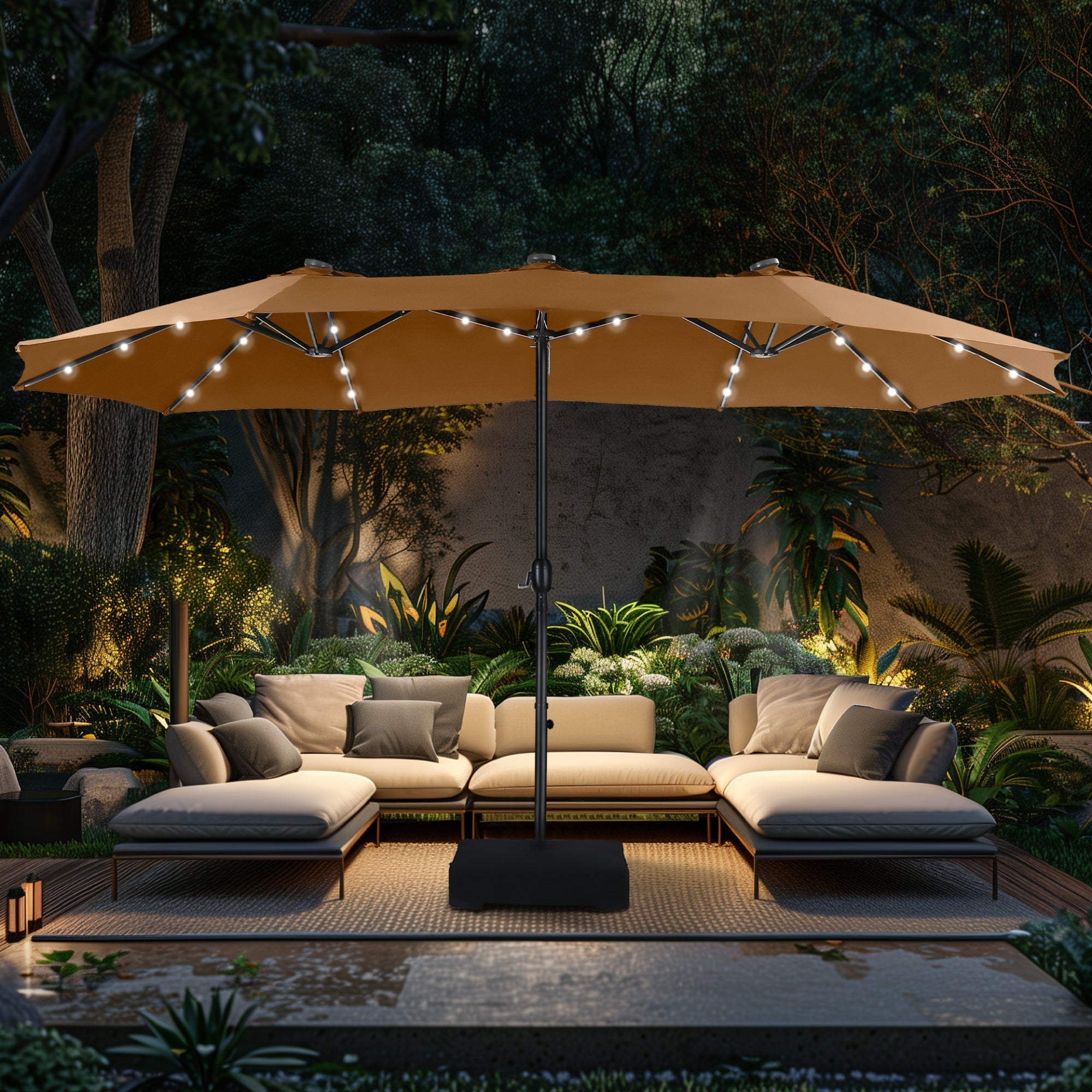 Alpha Joy 15ft Extra Large Outdoor Patio Double-Sided Umbrella with LED Solar Lights & Umbrella Base, Beige