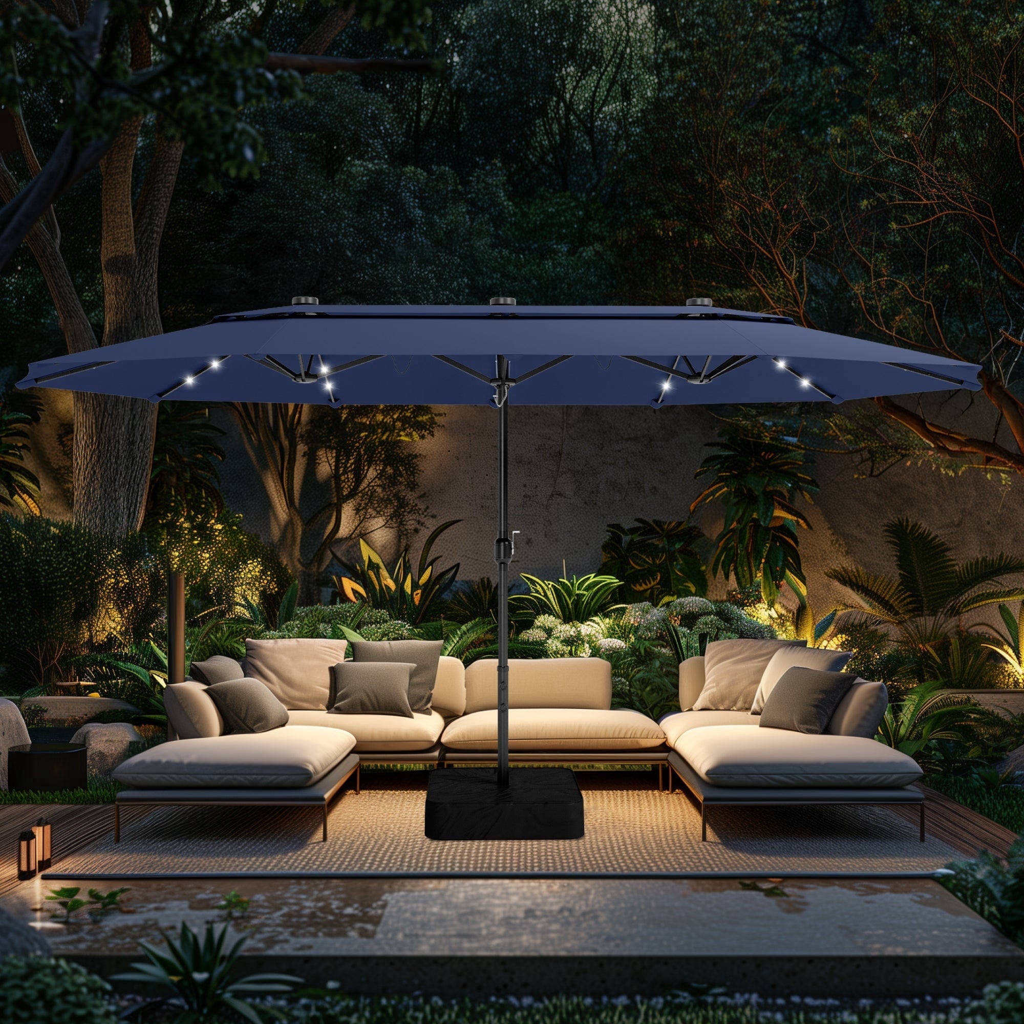 Alpha Joy 15ft Dual-Layer Extra Large Outdoor Patio Umbrella Double-Sided Ventilation Umbrella with Led Lights & Umbrella Base, Beige