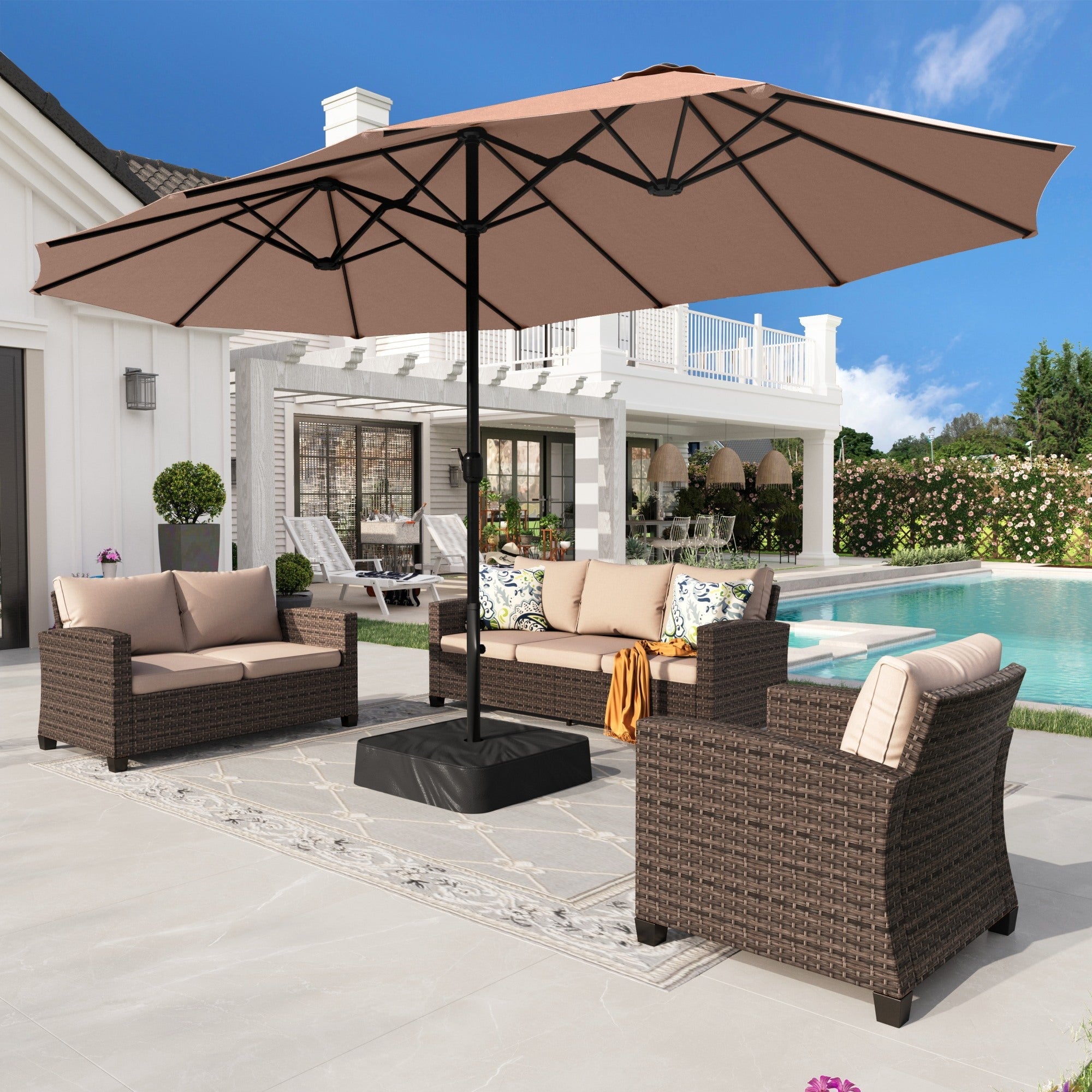 Alpha Joy 15ft Outdoor Patio Umbrella Extra-Large Double-Sided Garden Umbrella with Crank Handle and Base - Ivory