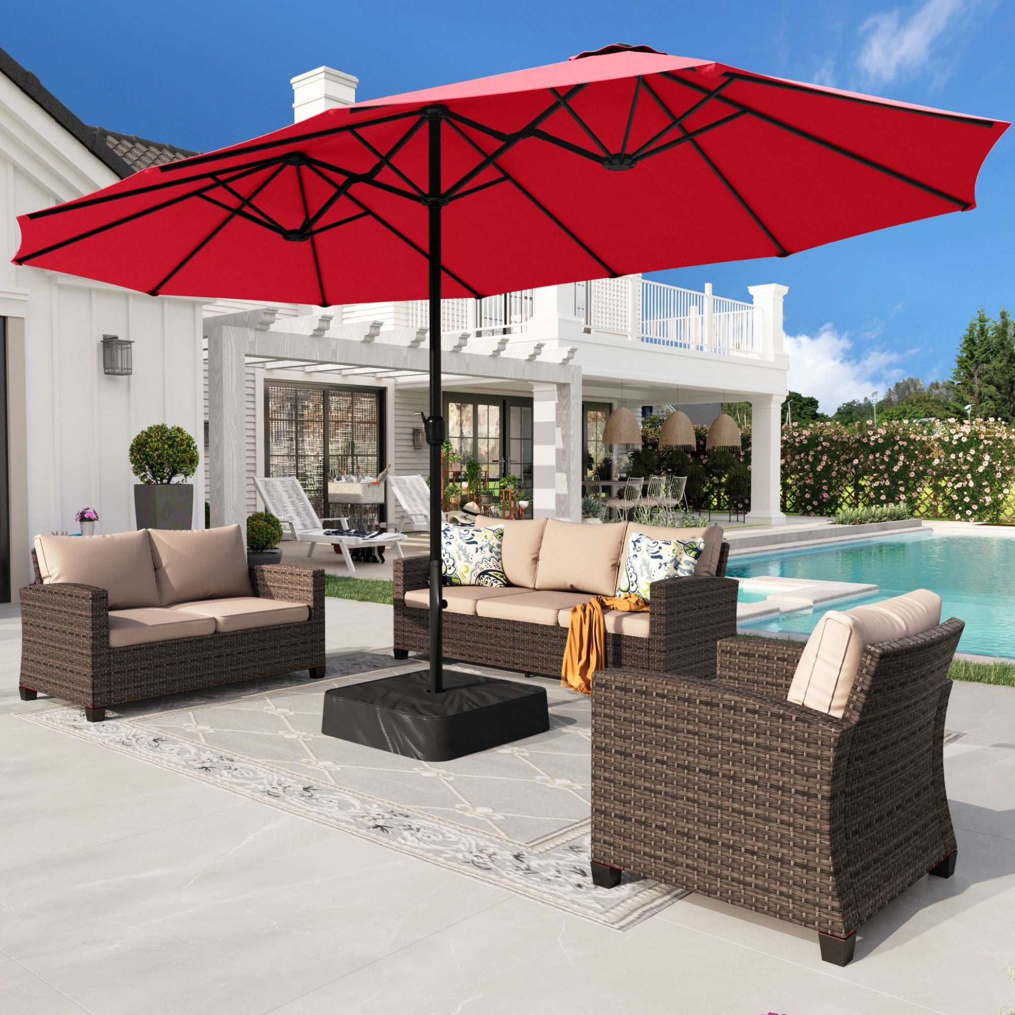 Alpha Joy 15ft Outdoor Patio Umbrella Extra-Large Double-Sided Garden Umbrella with Crank Handle and Base - Ivory