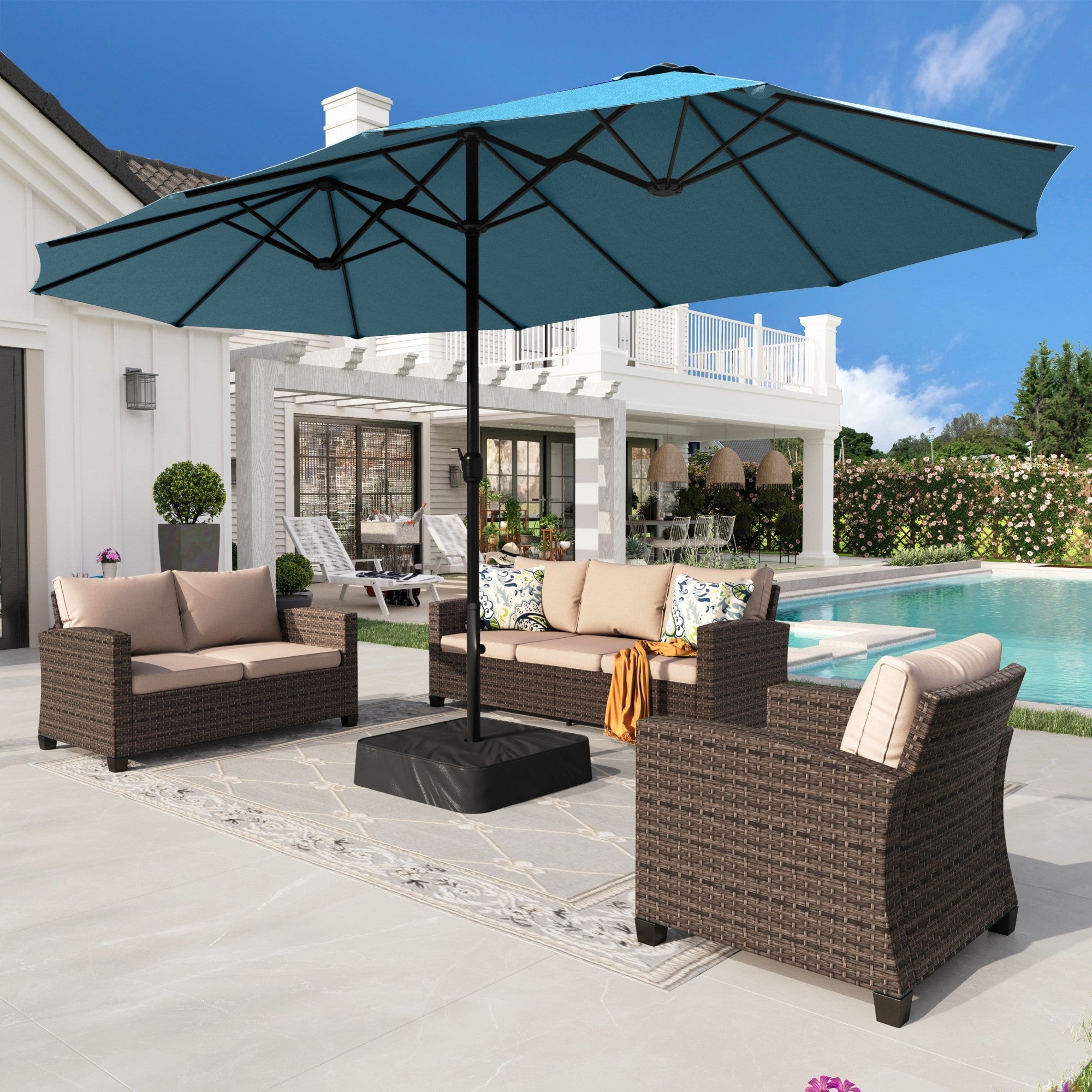 Alpha Joy 15ft Outdoor Patio Umbrella Extra-Large Double-Sided Garden Umbrella with Crank Handle and Base - Ivory