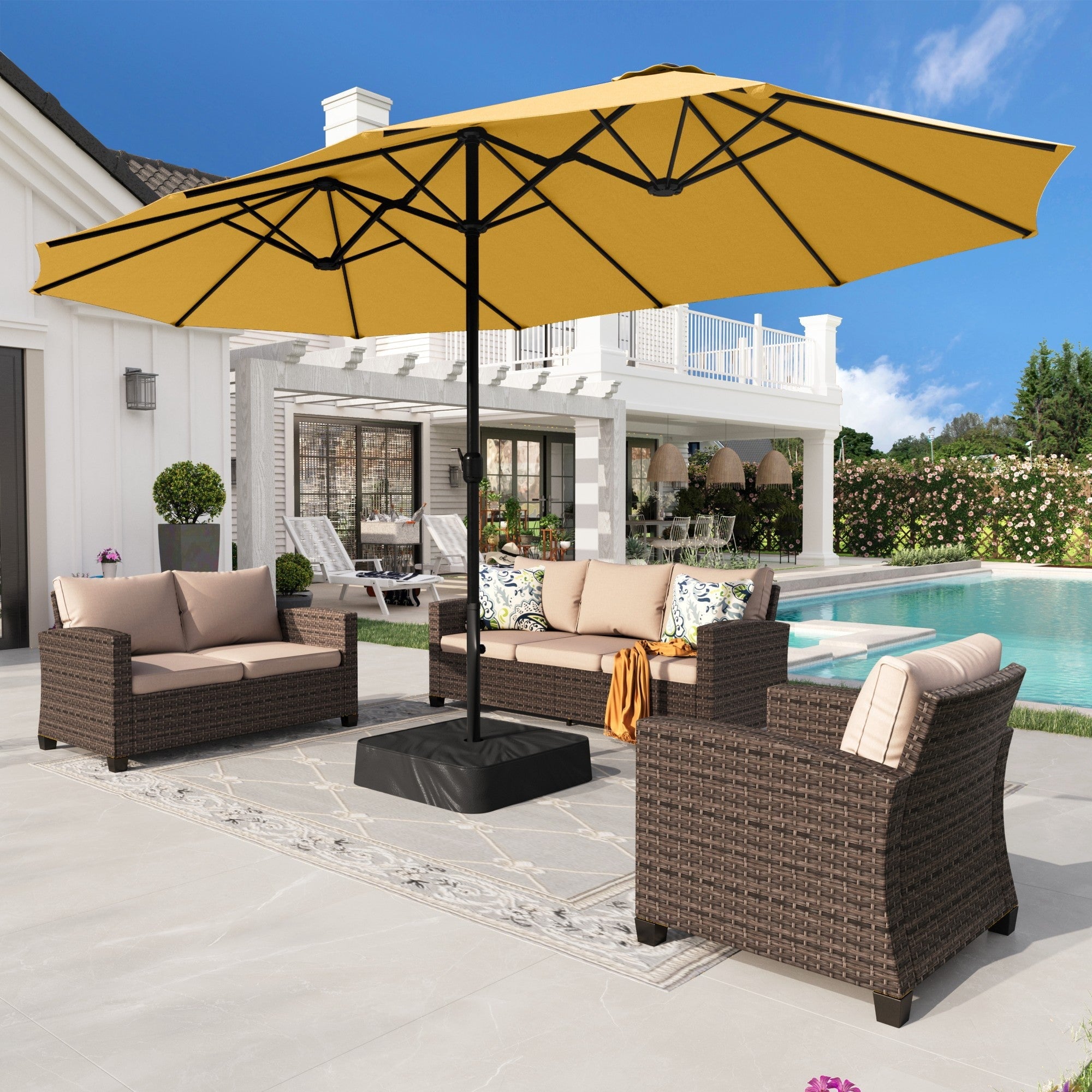 Alpha Joy 15ft Outdoor Patio Umbrella Extra-Large Double-Sided Garden Umbrella with Crank Handle and Base - Smoky Gray