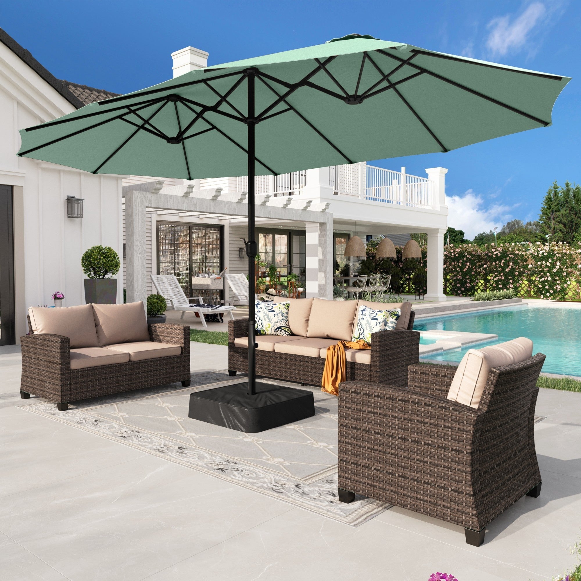 Alpha Joy 15ft Outdoor Patio Umbrella Extra-Large Double-Sided Garden Umbrella with Crank Handle and Base - Smoky Gray