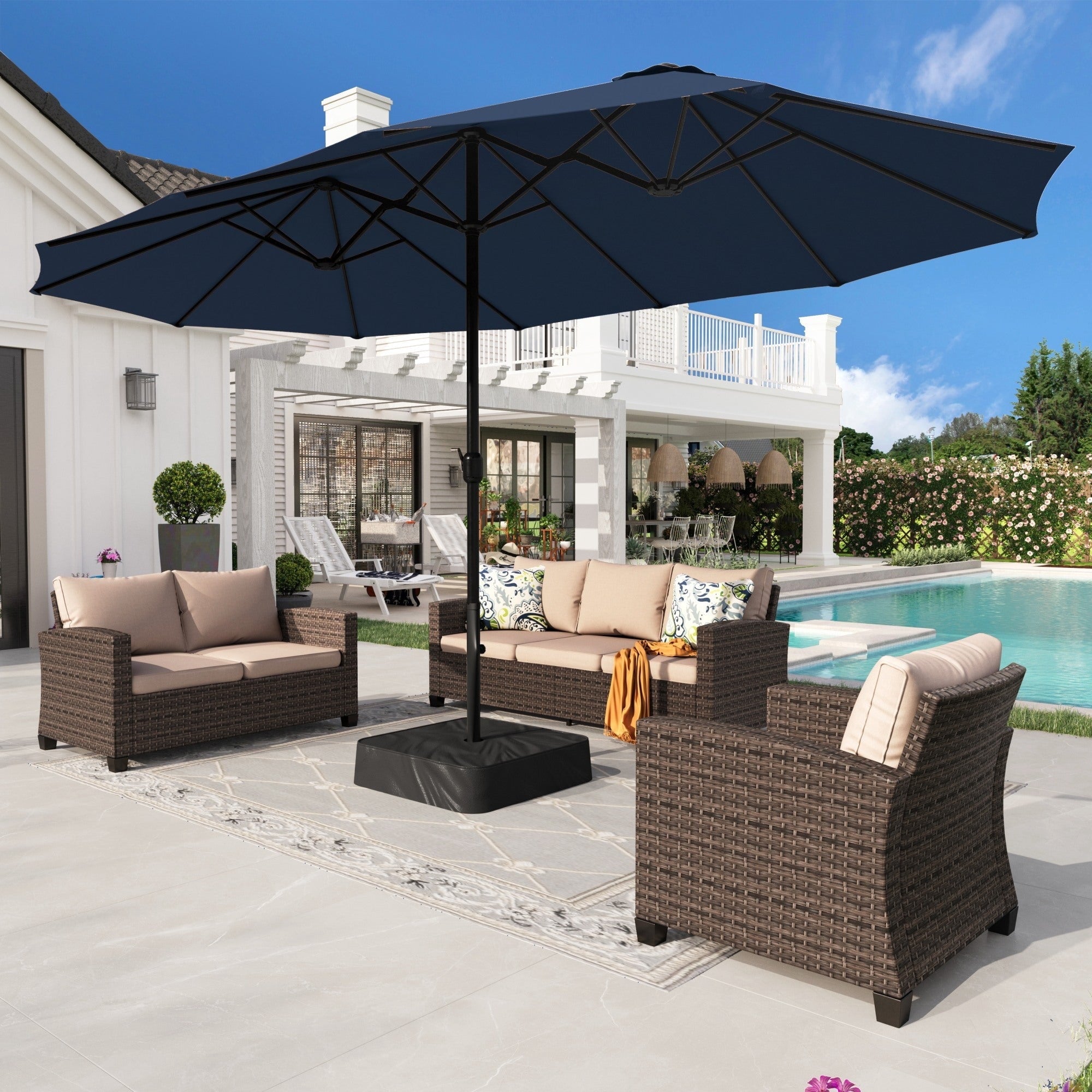 Alpha Joy 15ft Outdoor Patio Umbrella Extra-Large Double-Sided Garden Umbrella with Crank Handle and Base - Smoky Gray