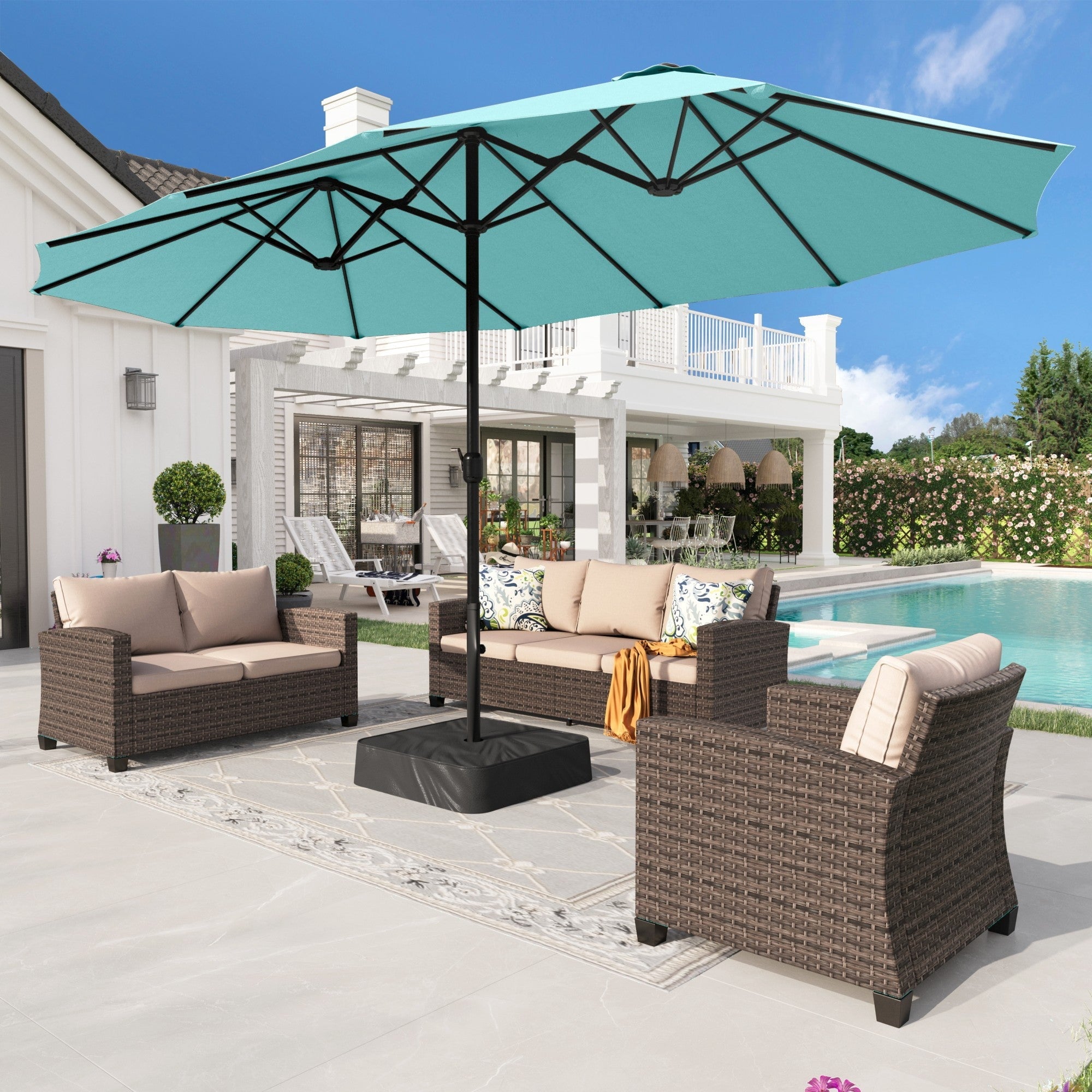 Alpha Joy 15ft Outdoor Patio Umbrella Extra-Large Double-Sided Garden Umbrella with Crank Handle and Base - Ivory