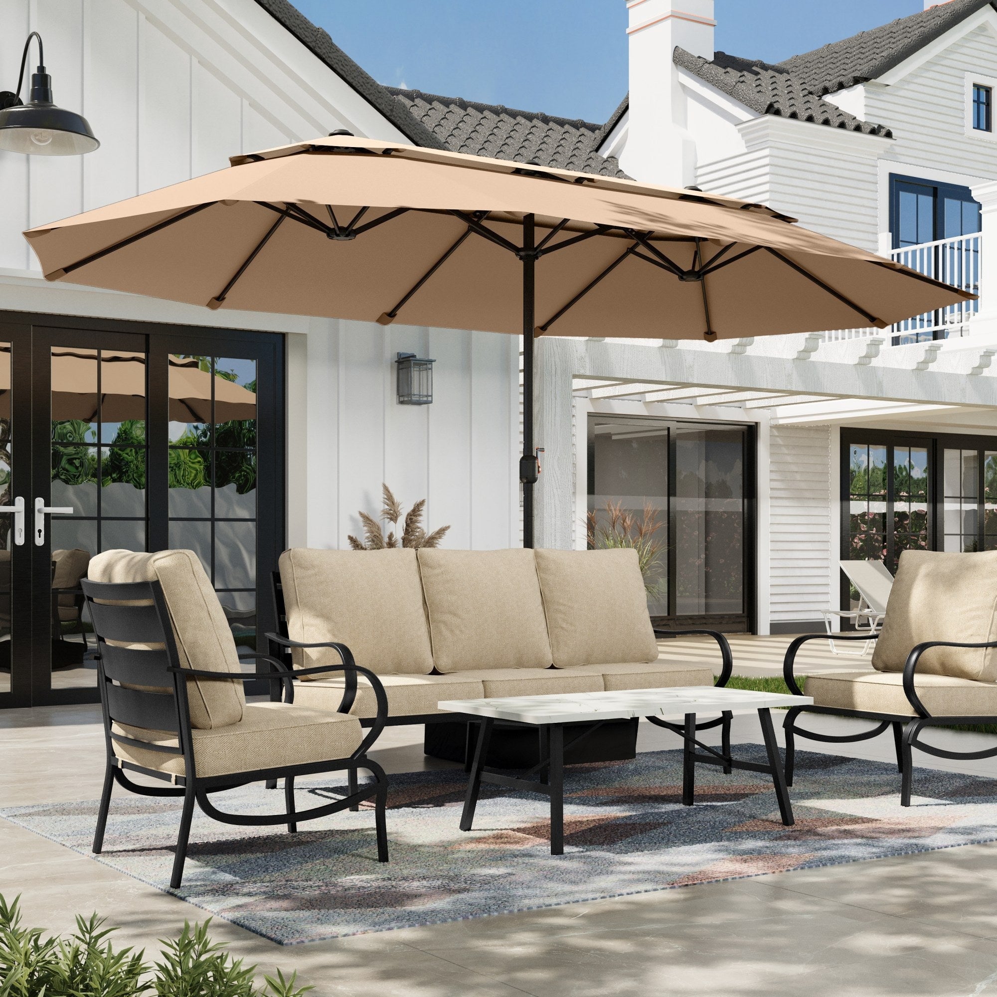 Alpha Joy 15ft Dual-Layer Outdoor Patio Umbrella Extra-Large Double-Sided Garden Umbrella with Ventilation and Base - Beige