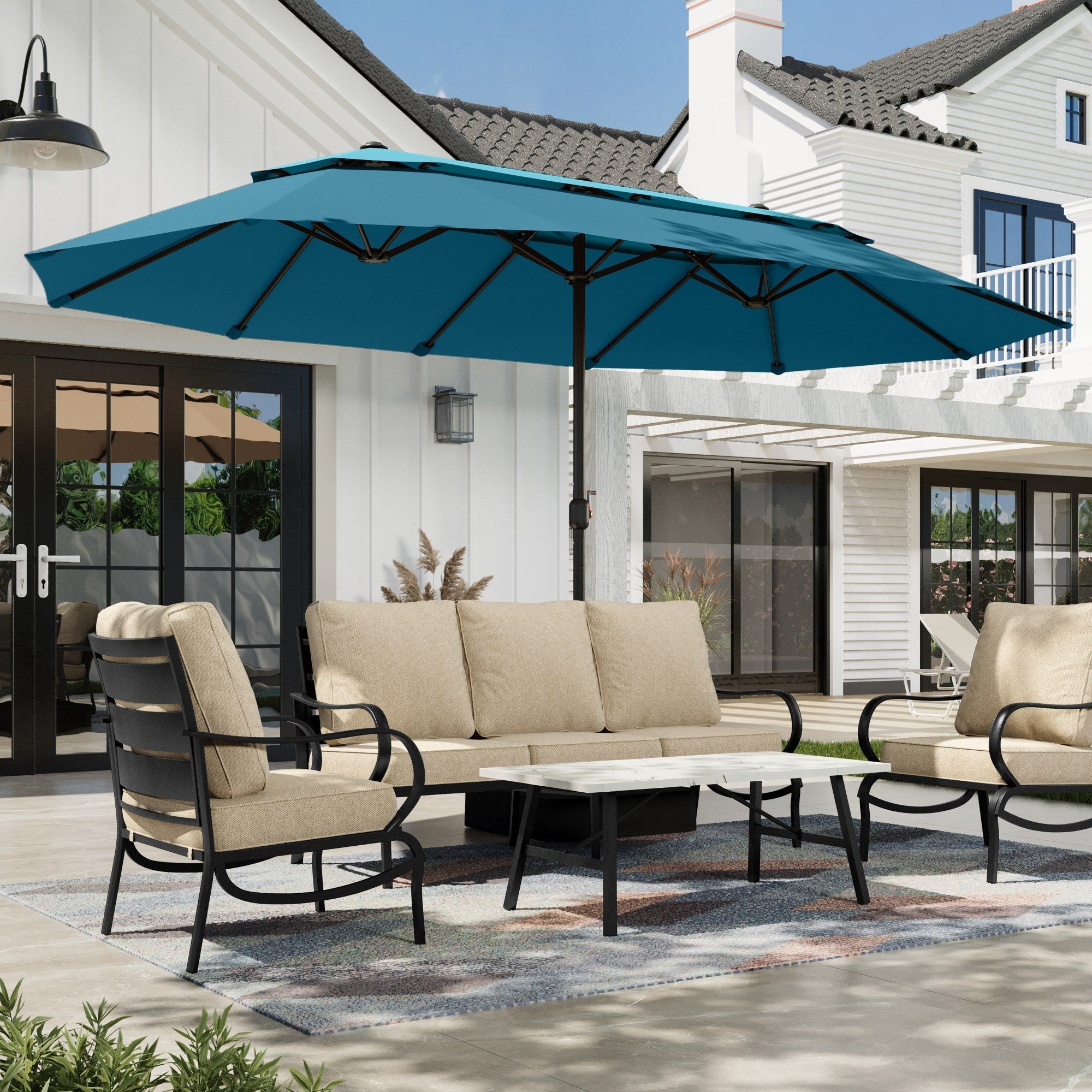 Alpha Joy 15ft Dual-Layer Outdoor Patio Umbrella Extra-Large Double-Sided Garden Umbrella with Ventilation and Base - Beige